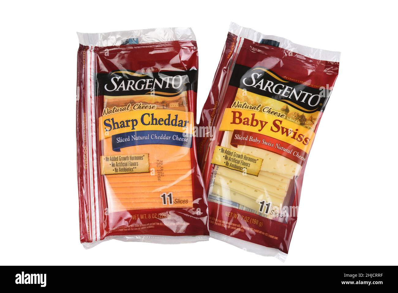 IRVINE, CALIFORNIA - 27 JAN 2022: Two packages of Sargento Sliced Cheese, Sharp Cheddar and Baby Swiss. Stock Photo