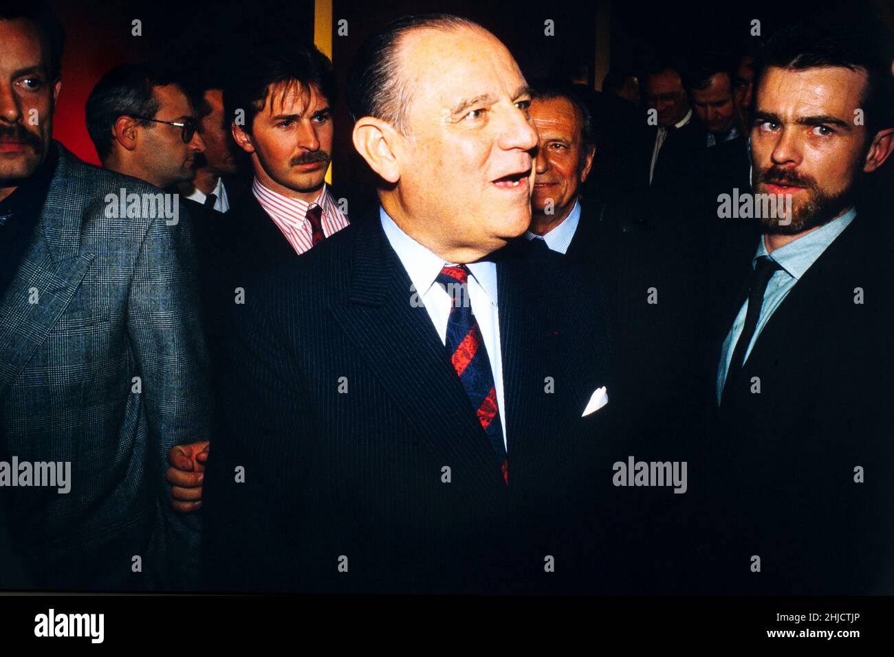 Archives 80ies: Raymond Barre attends meeting as he campaigns for Presidential elections, Lyon, France, 1988 Stock Photo