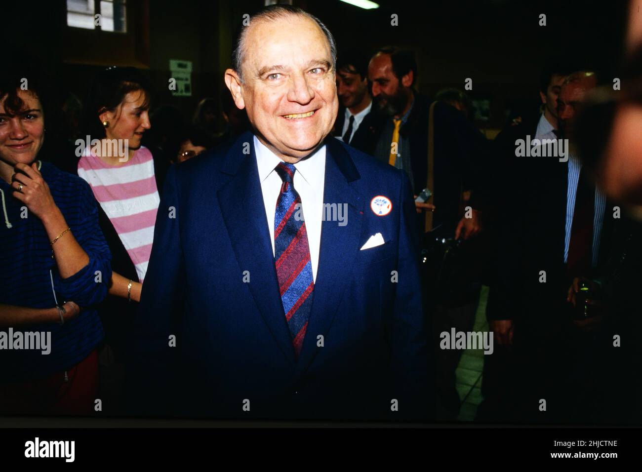 Archives 80ies: Raymond Barre attends meeting as he campaigns for Presidential elections, Lyon, France, 1988 Stock Photo