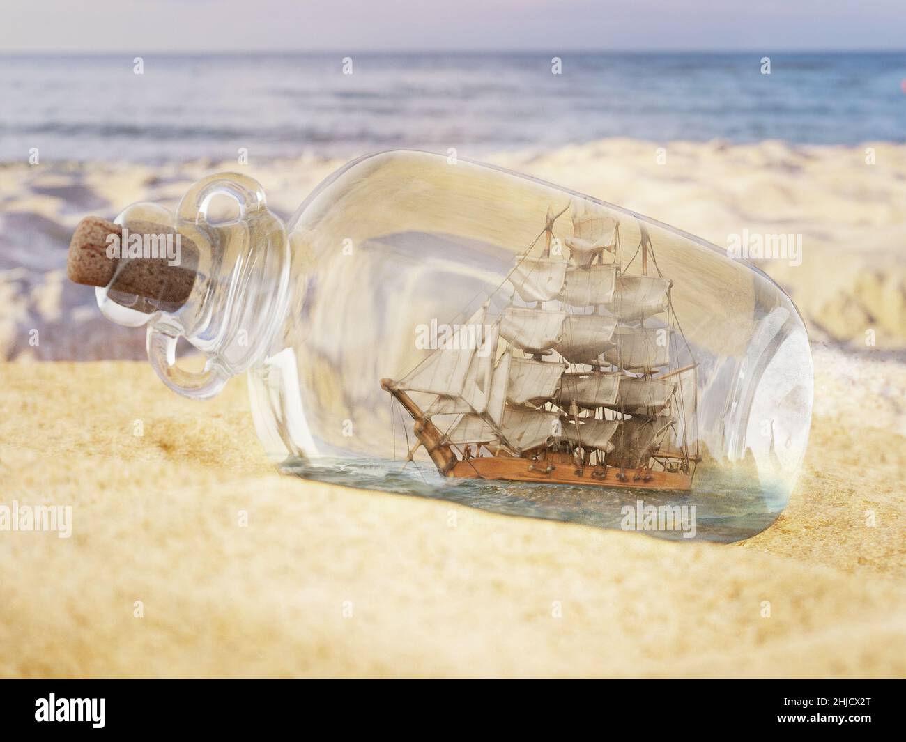 3d rendering of ship trapped in corked glass bottle washed ashore Stock Photo
