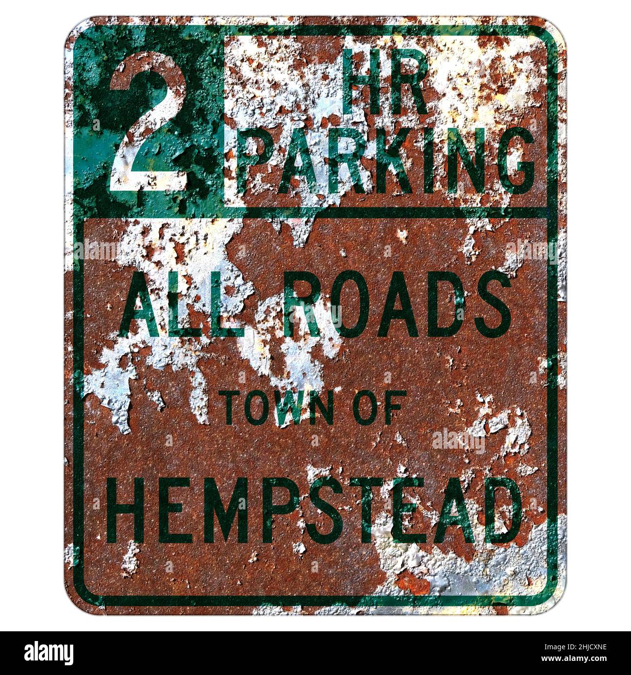 Old rusty American road sign - 2 hour parking all roads Town of Hempstead, New York State Stock Photo