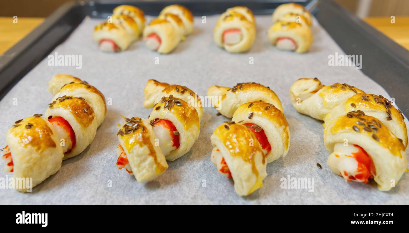 Surimi Crab sticks in puff pastry ready to eat Stock Photo Alamy