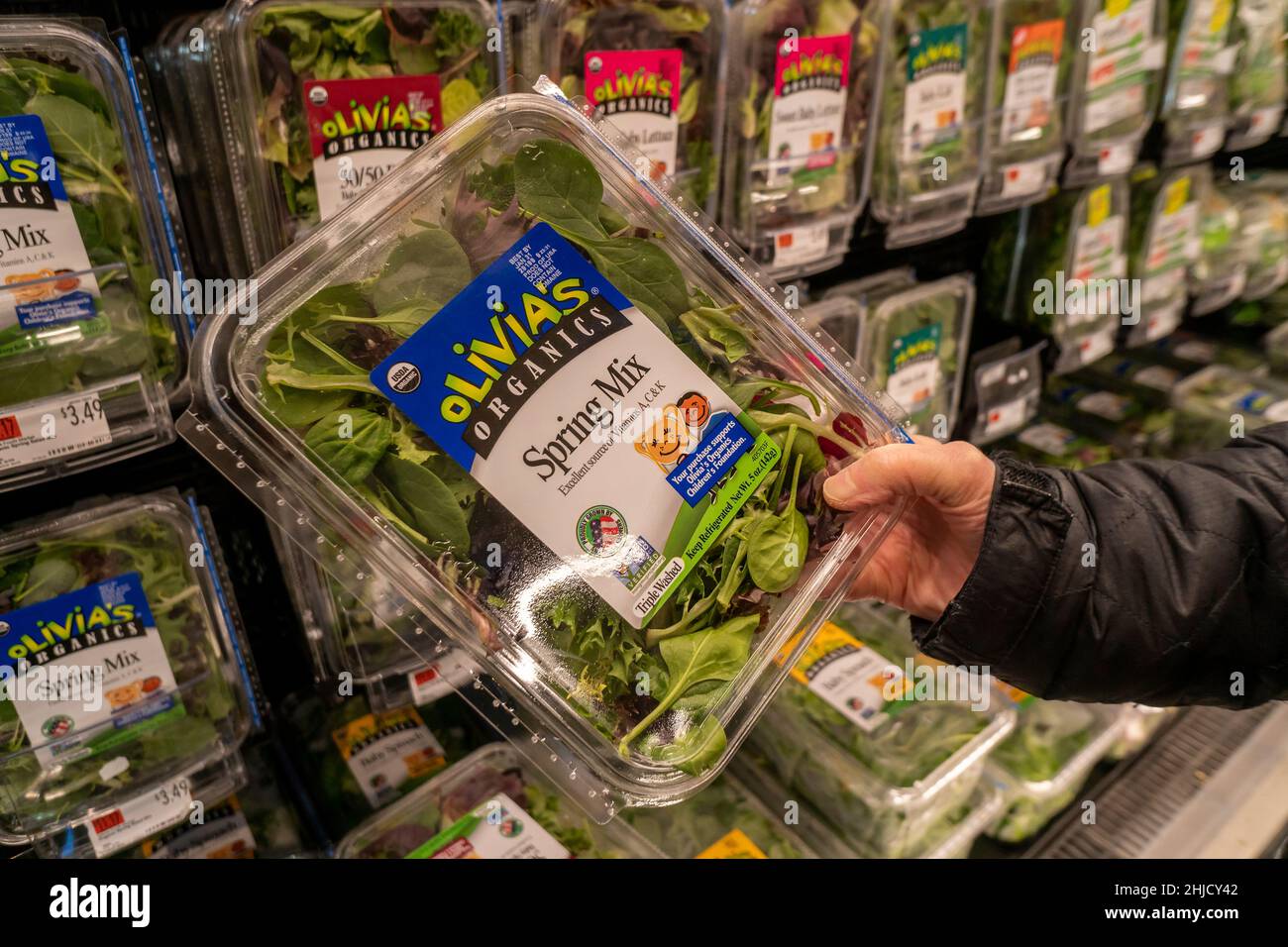 Packages of OliviaÕs Organics brand of salad greens in a supermarket in New York on Wednesday, January 28, 2022. (© Richard B. Levine) Stock Photo