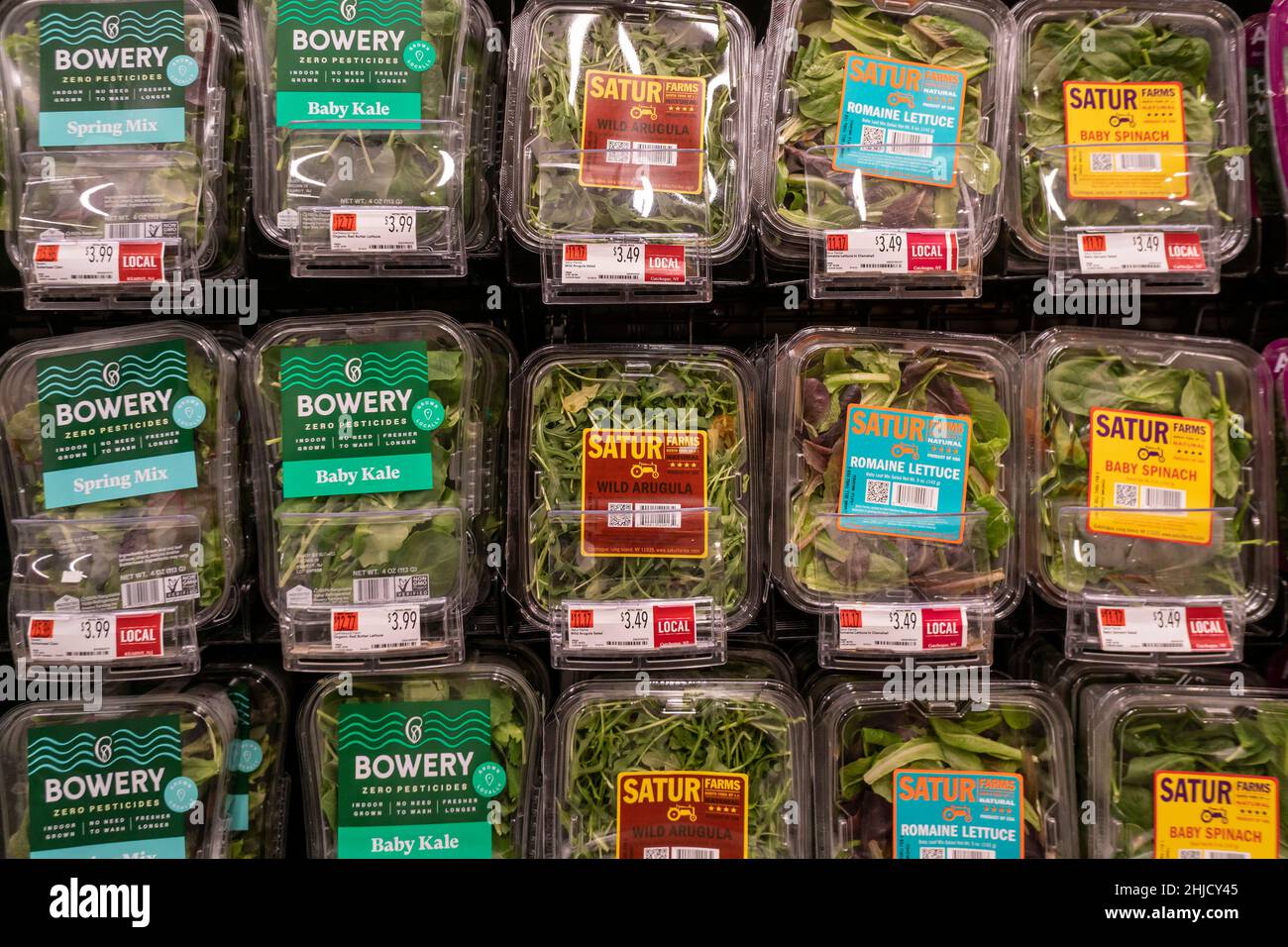 Packages of various brands of salad greens in a supermarket in New York on Wednesday, January 28, 2022. (© Richard B. Levine) Stock Photo