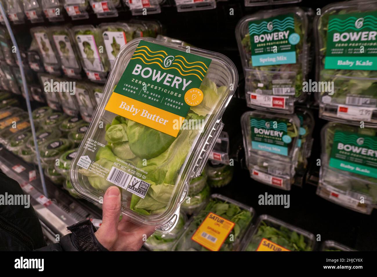 Packages of Bowery Greens brand of salad greens in a supermarket in New York on Wednesday, January 28, 2022. (© Richard B. Levine) Stock Photo