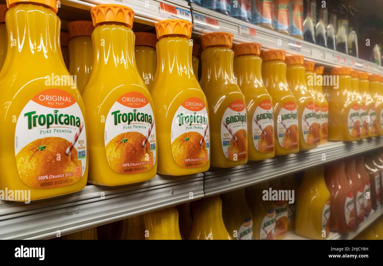 Bottles of Tropicana orange juice from Florida are seen in a supermarket refrigerator case in New York on Friday, January 21, 2022.  (© Richard B. Levine) Stock Photo