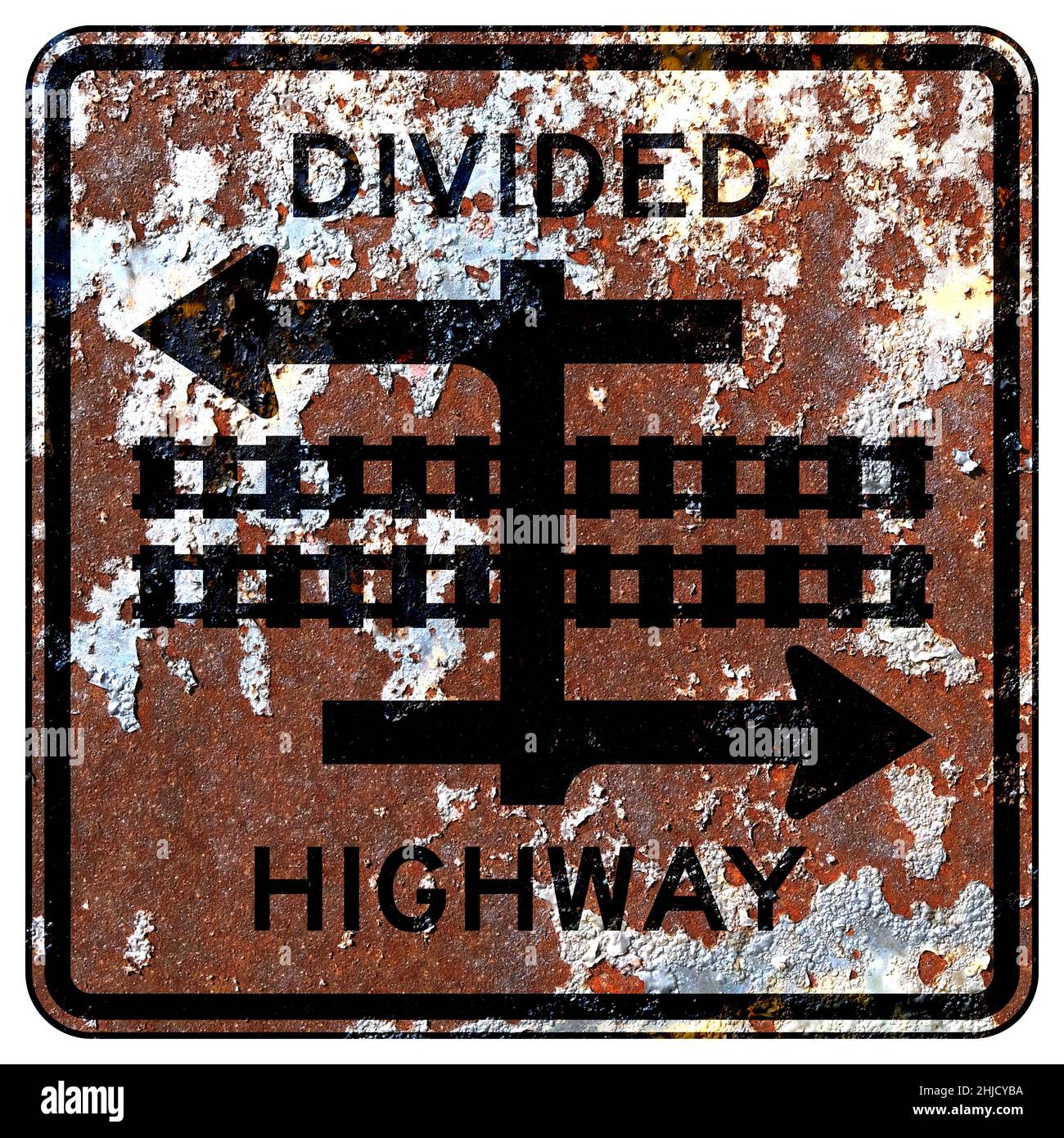 Old rusty American road sign - Divided highway transit rail crossing ...