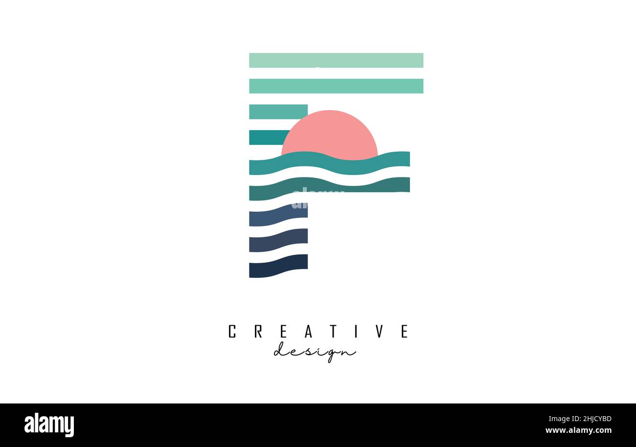 Letter F logo design with colorful straight and zig zag lines. Vector ...