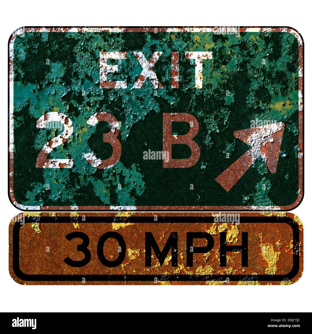 Old rusty American road sign - Exit number sign with speed advisory Stock Photo