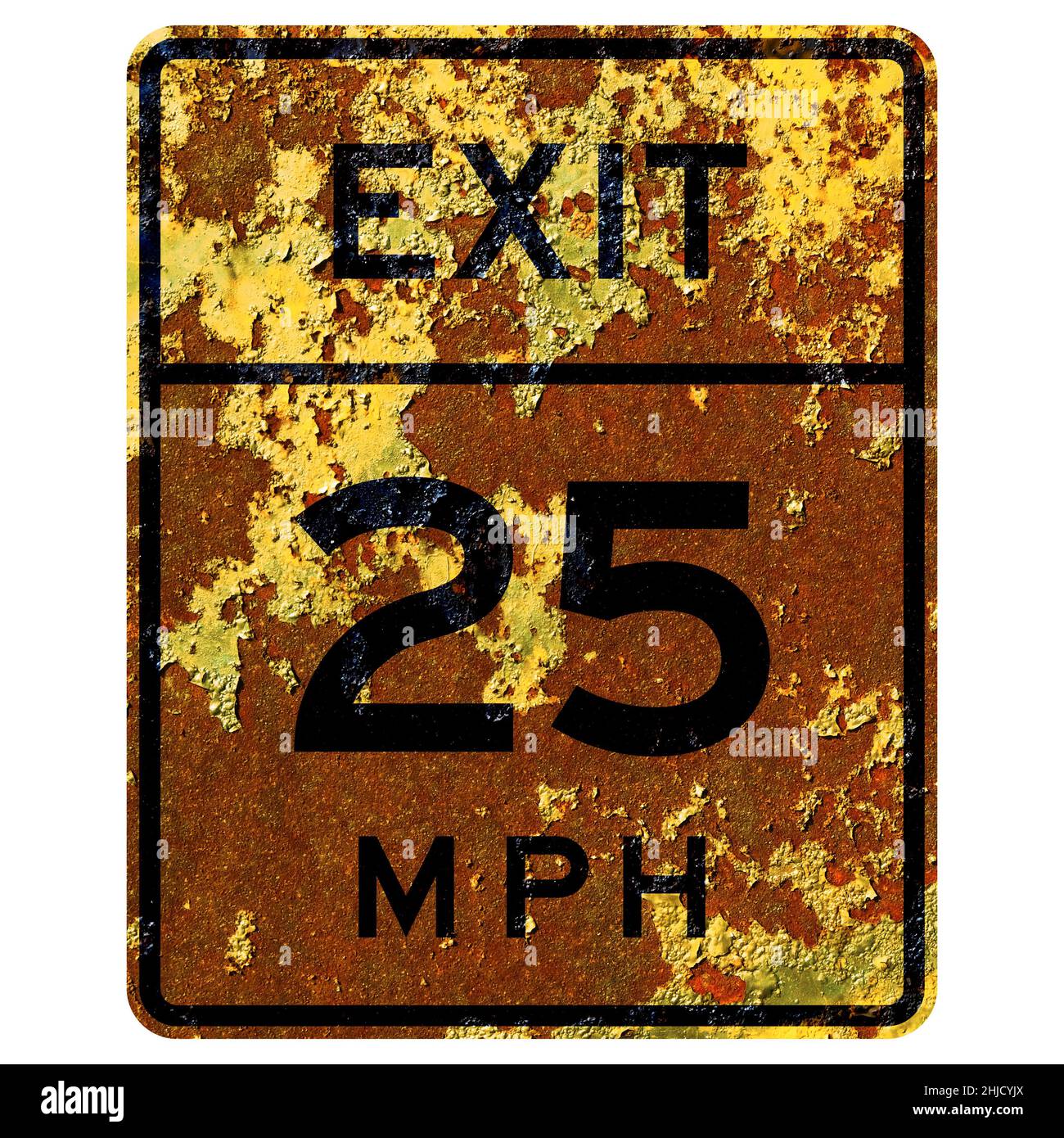 Old rusty American road sign - Exit speed advisory Stock Photo