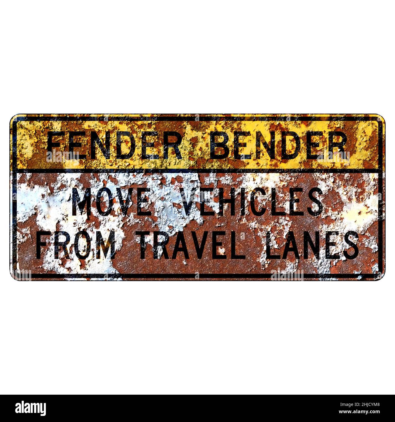 Old rusty American road sign Fender bendermove vehicle from travel