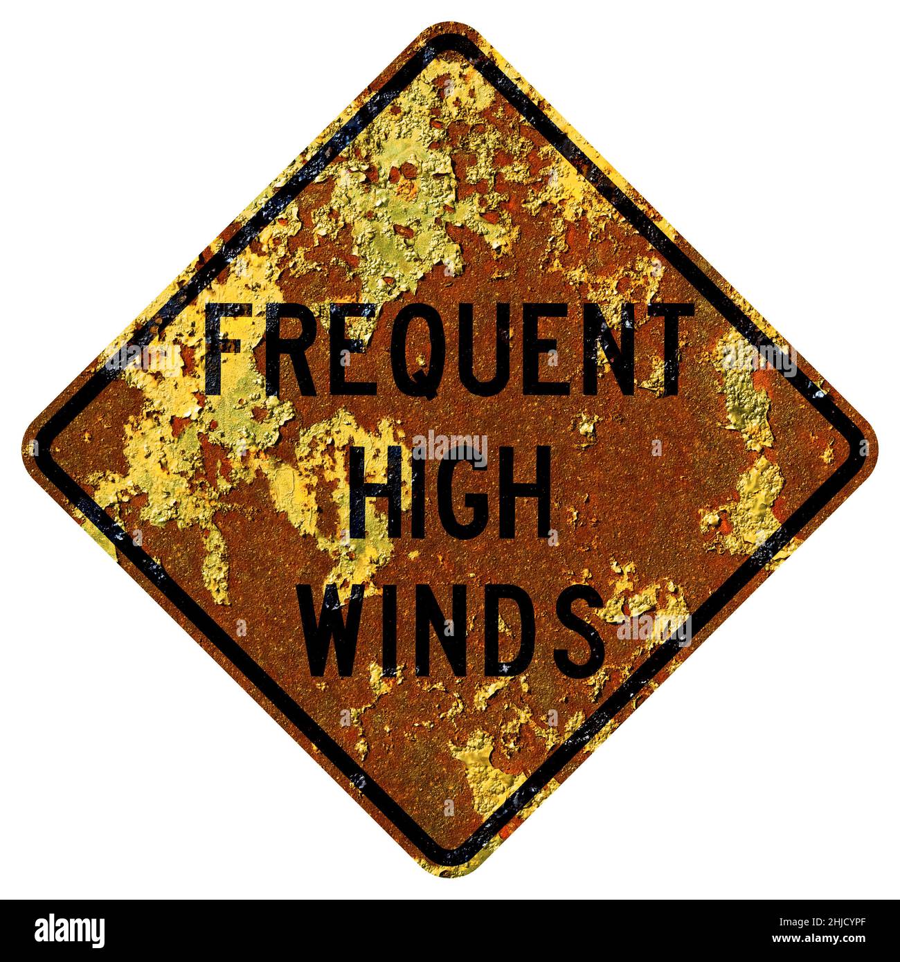 Old rusty American road sign - Frequent high winds, Idaho Stock Photo