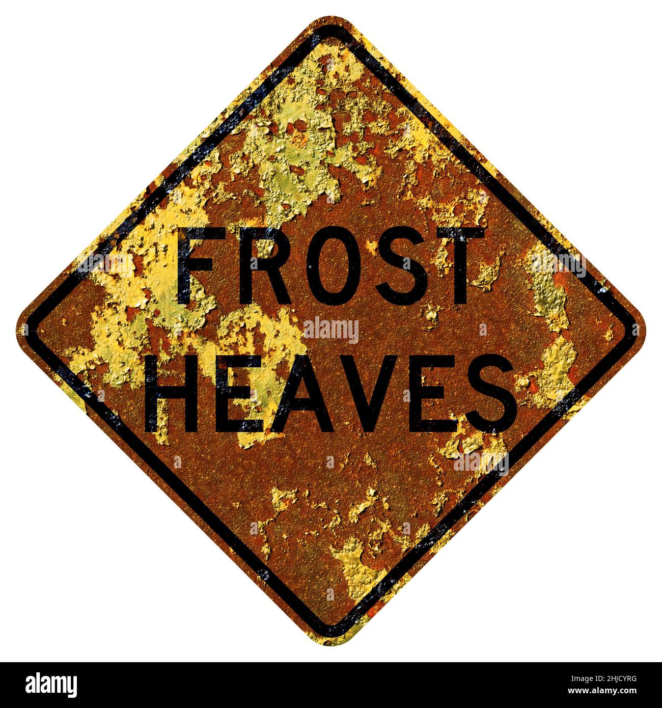 Old rusty American road sign - Frost heaves, Idaho Stock Photo