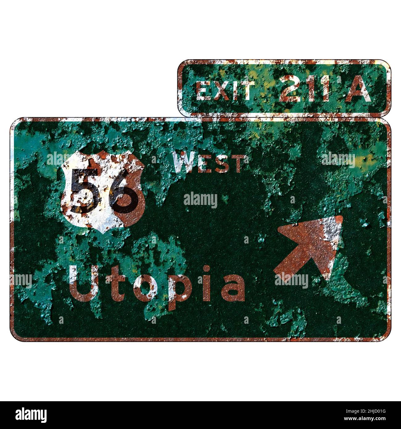 Old rusty American road sign Interchange exit direction Stock Photo