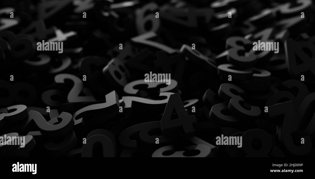 Black monochrome colored random digit numbers heap background, algebra, education or science concept, 3D illustration, selective focus Stock Photo