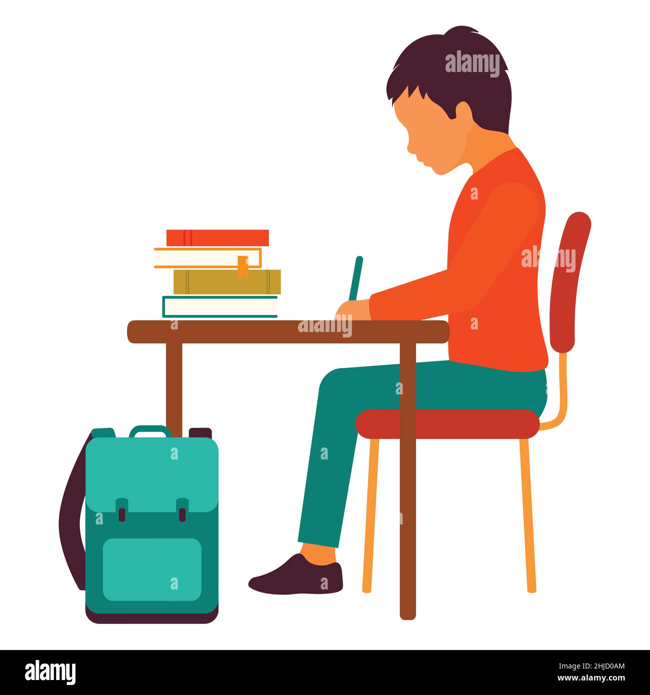 School kid At His Desk, Boy doing homework Stock Vector
