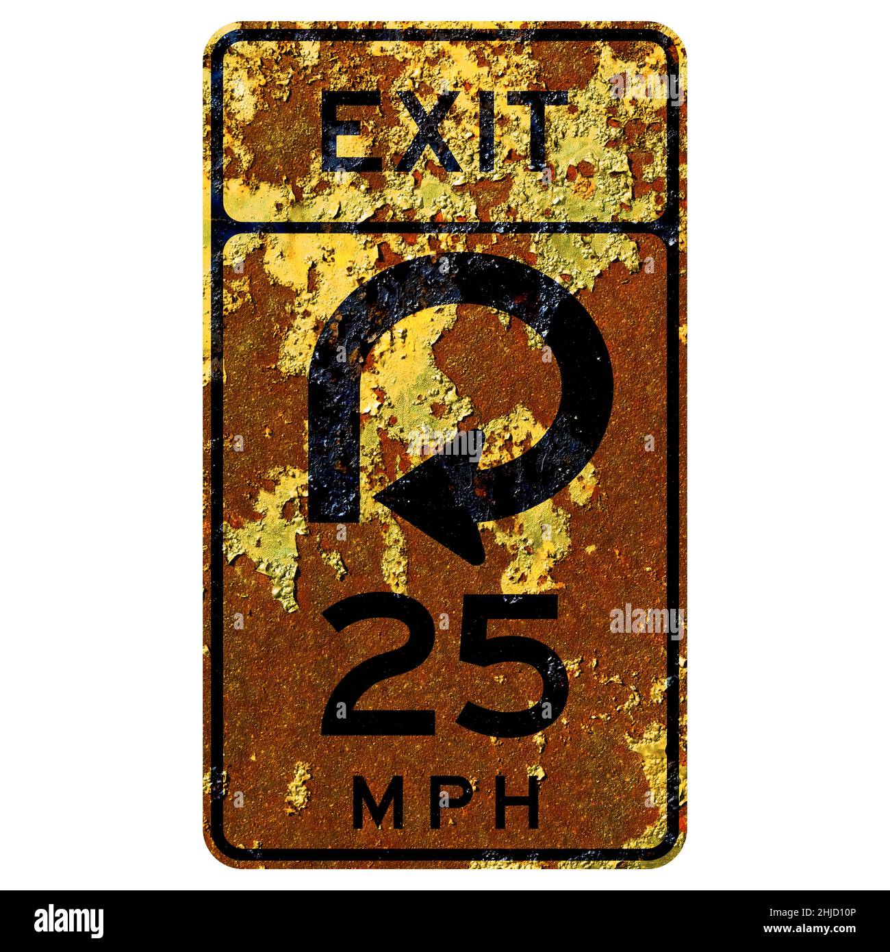 Old rusty American road sign - Ramp speed advisory exit Stock Photo