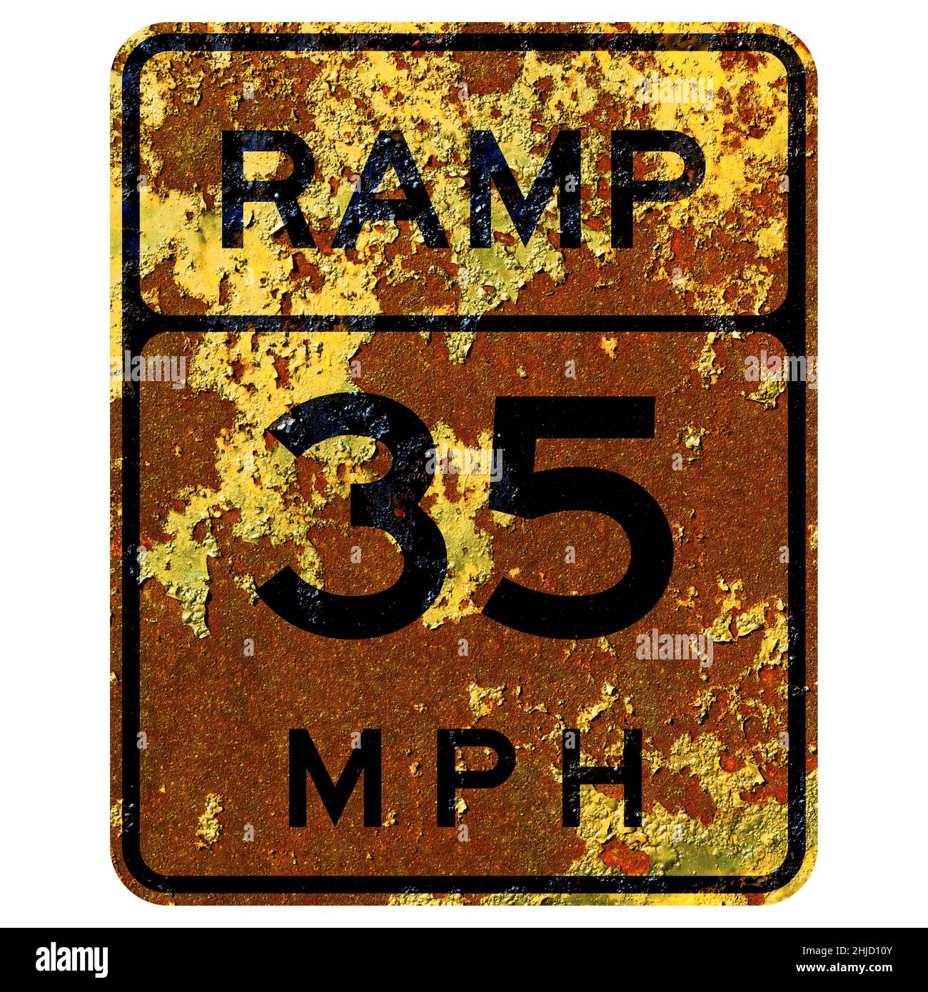 Old rusty American road sign - Ramp speed advisory Stock Photo