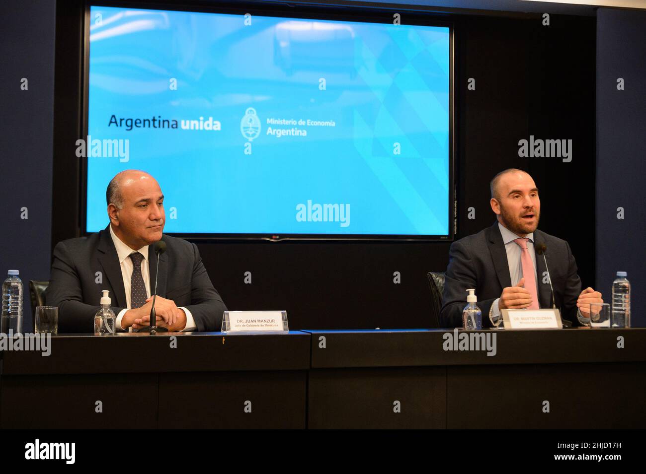 Buenos Aires, Argentina. 28th Jan, 2022. Argentinian Economy Minister Martin Guzman (R) and Cabinet Chief Juan Manzur attend a press conference on the agreement with the International Monetary Fund (IM). (Photo by Manuel Cortina/SOPA Images/Sipa USA) Credit: Sipa USA/Alamy Live News Stock Photo
