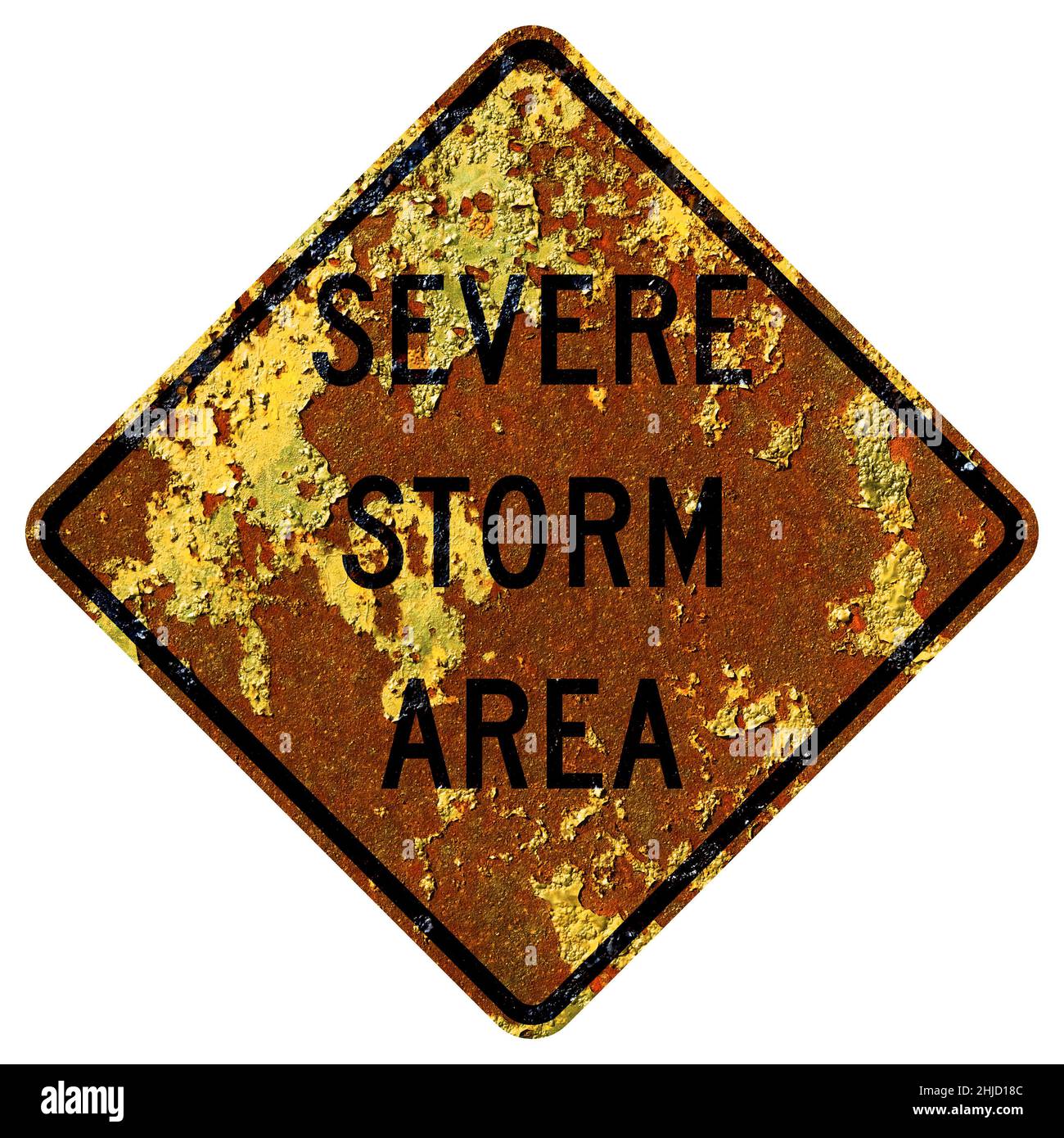 Old rusty American road sign - Severe storm area, Idaho Stock Photo