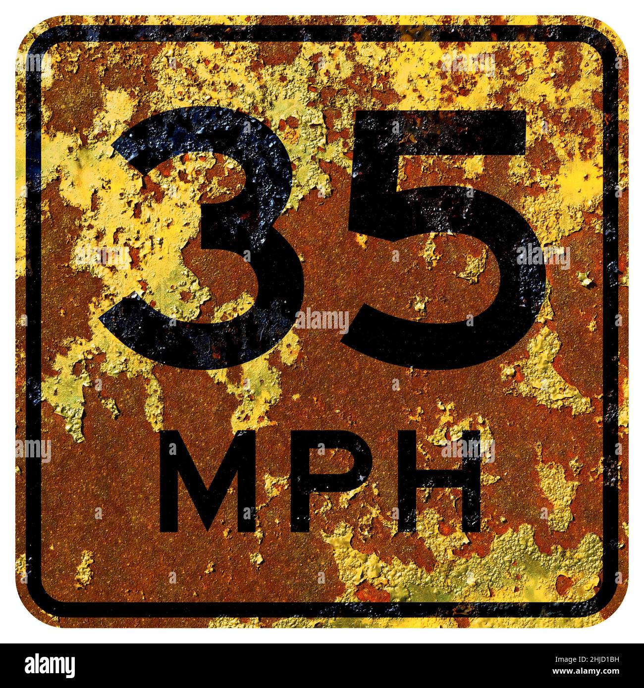 Old rusty American road sign - Speed advisory Stock Photo
