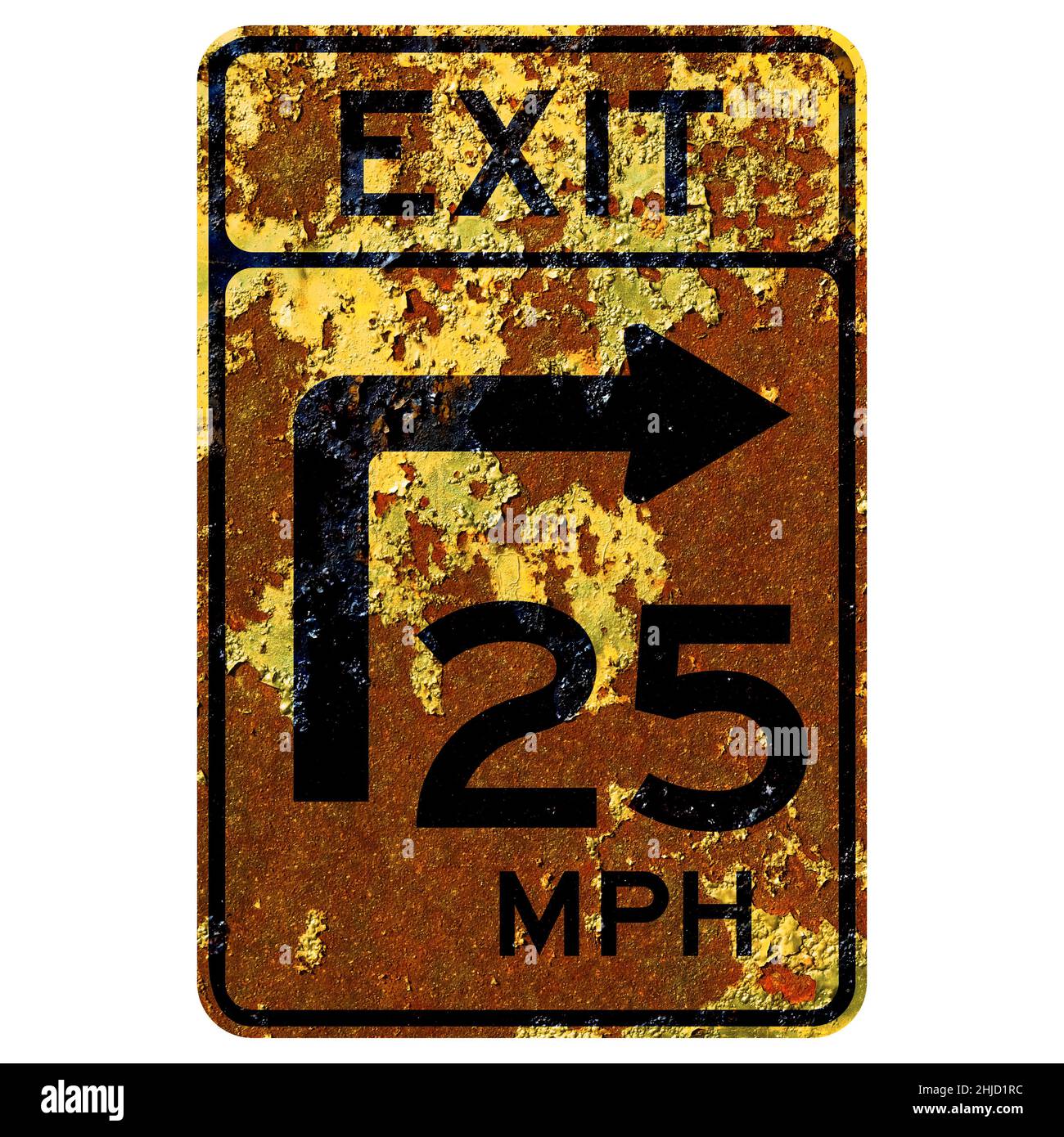 Old rusty American road sign - Turn curve exit speed advisory, Maryland Stock Photo