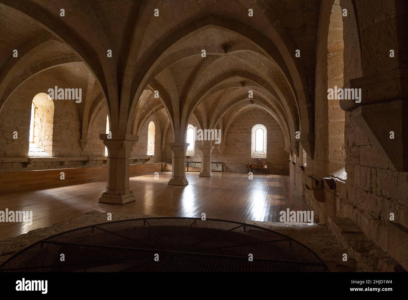 Bodega or wine cellar at Poblet Abbey,  Reial Monestir de Santa Maria de Poblet, Catalonia, Spain. It is a Cistercian monastery, founded in 1151, loca Stock Photo