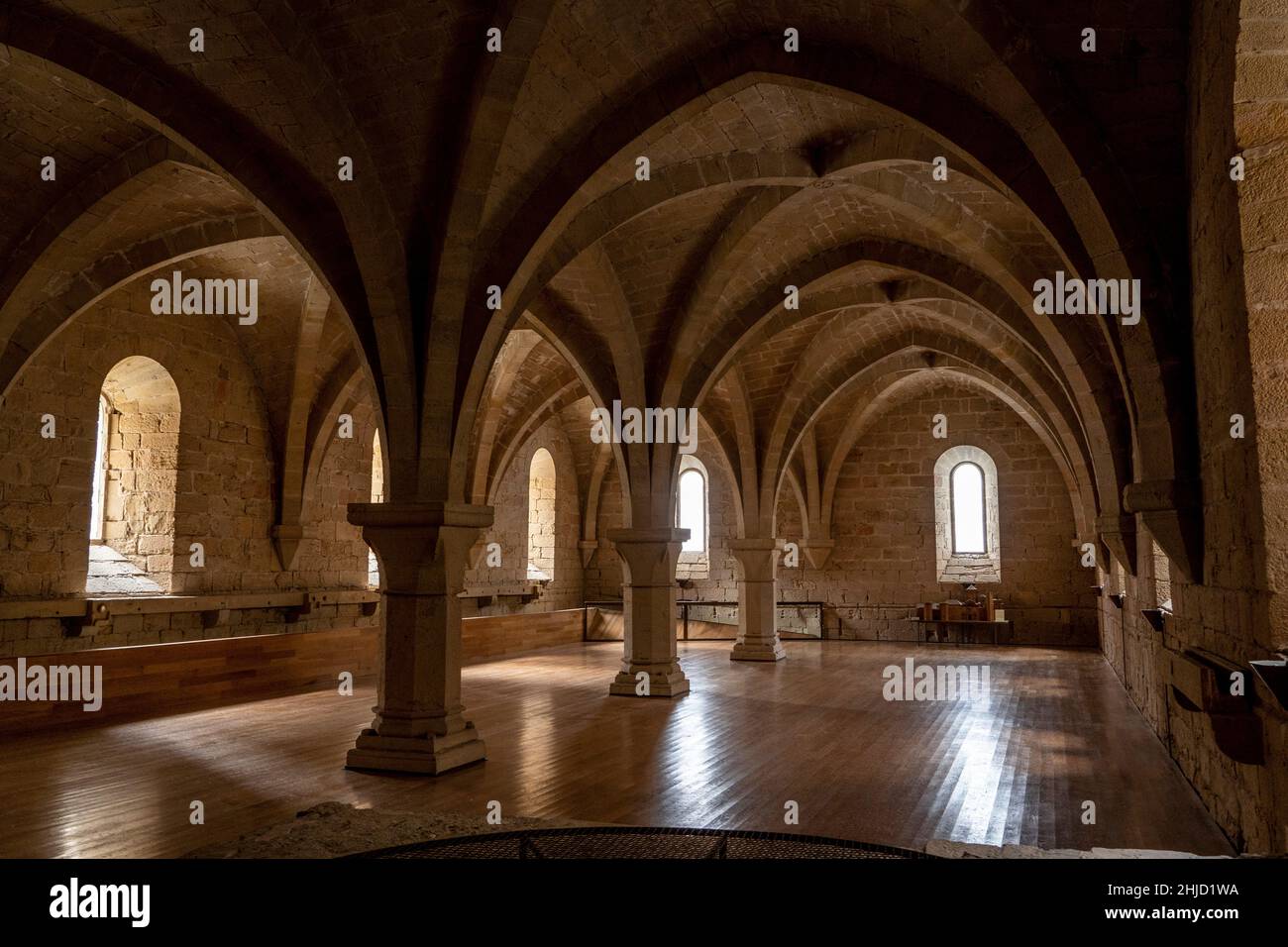 Bodega or wine cellar at Poblet Abbey,  Reial Monestir de Santa Maria de Poblet, Catalonia, Spain. It is a Cistercian monastery, founded in 1151, loca Stock Photo