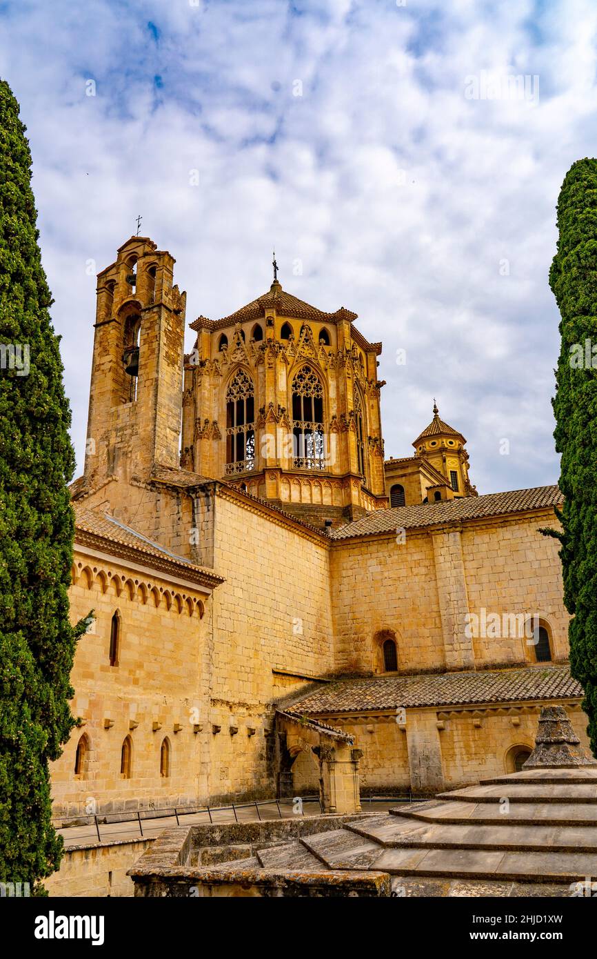 Poblet Abbey,  Reial Monestir de Santa Maria de Poblet, Catalonia, Spain. It is a Cistercian monastery, founded in 1151, located at the foot of the Pr Stock Photo