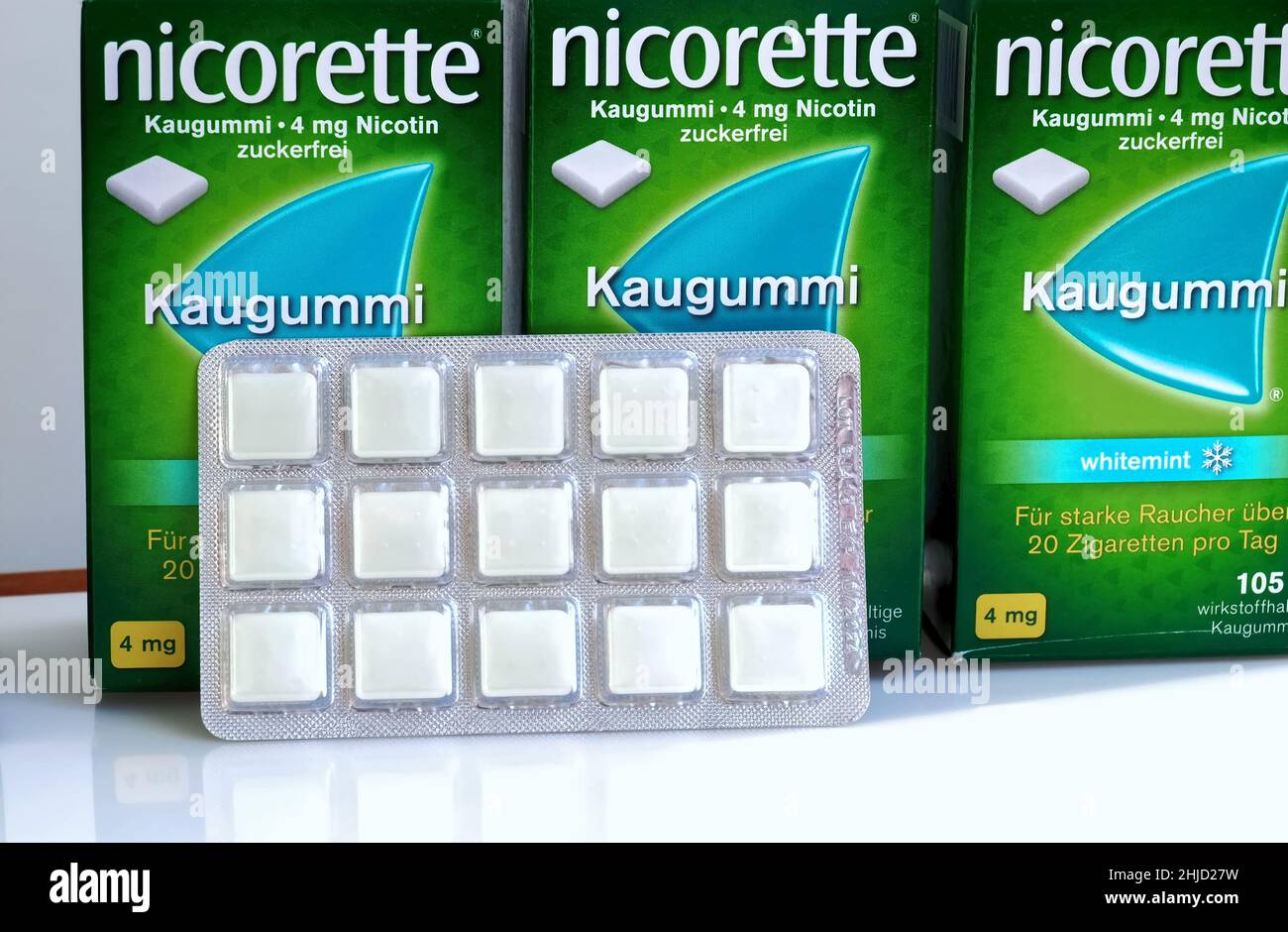 Nicorette Nicotine chewing gums as a substitute for cigarettes Stock Photo