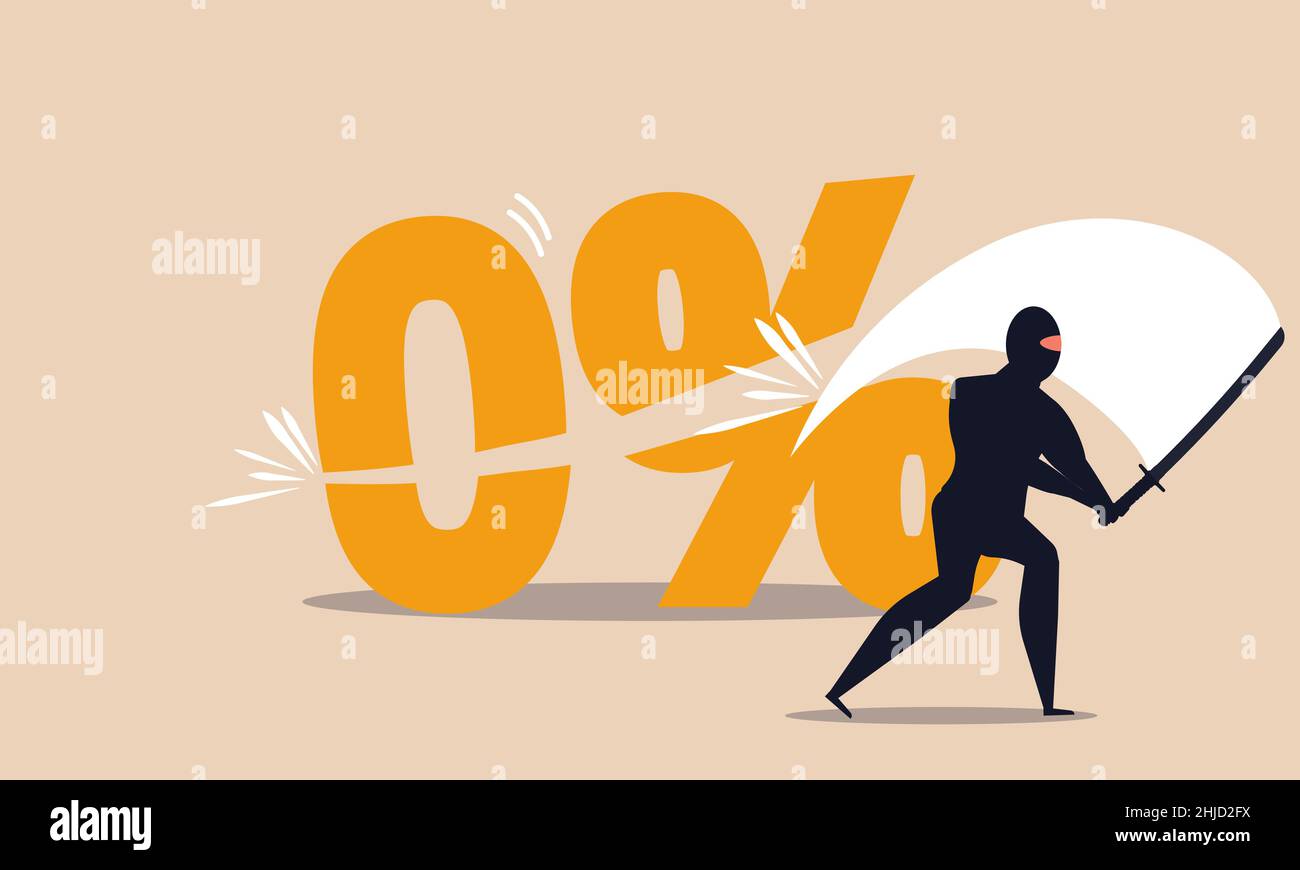 Zero percentage bank commission and budget money. Economic discount and government finance risk vector illustration concept. Business collapse and lim Stock Vector