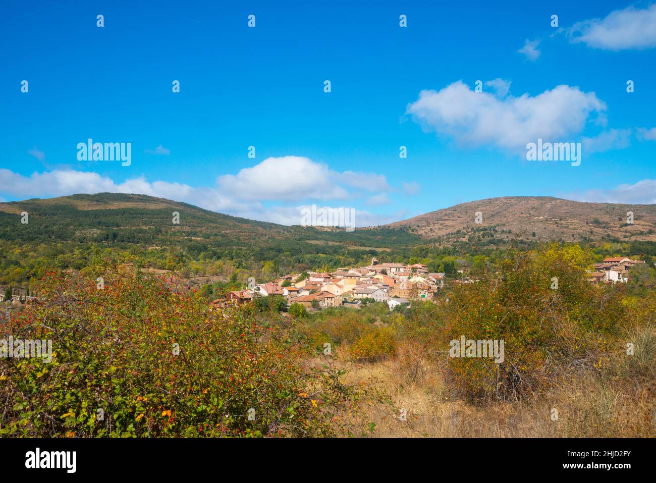 Overview and landscape. Horcajuelo de la Sierra,  Madrid province, Spain. Stock Photo