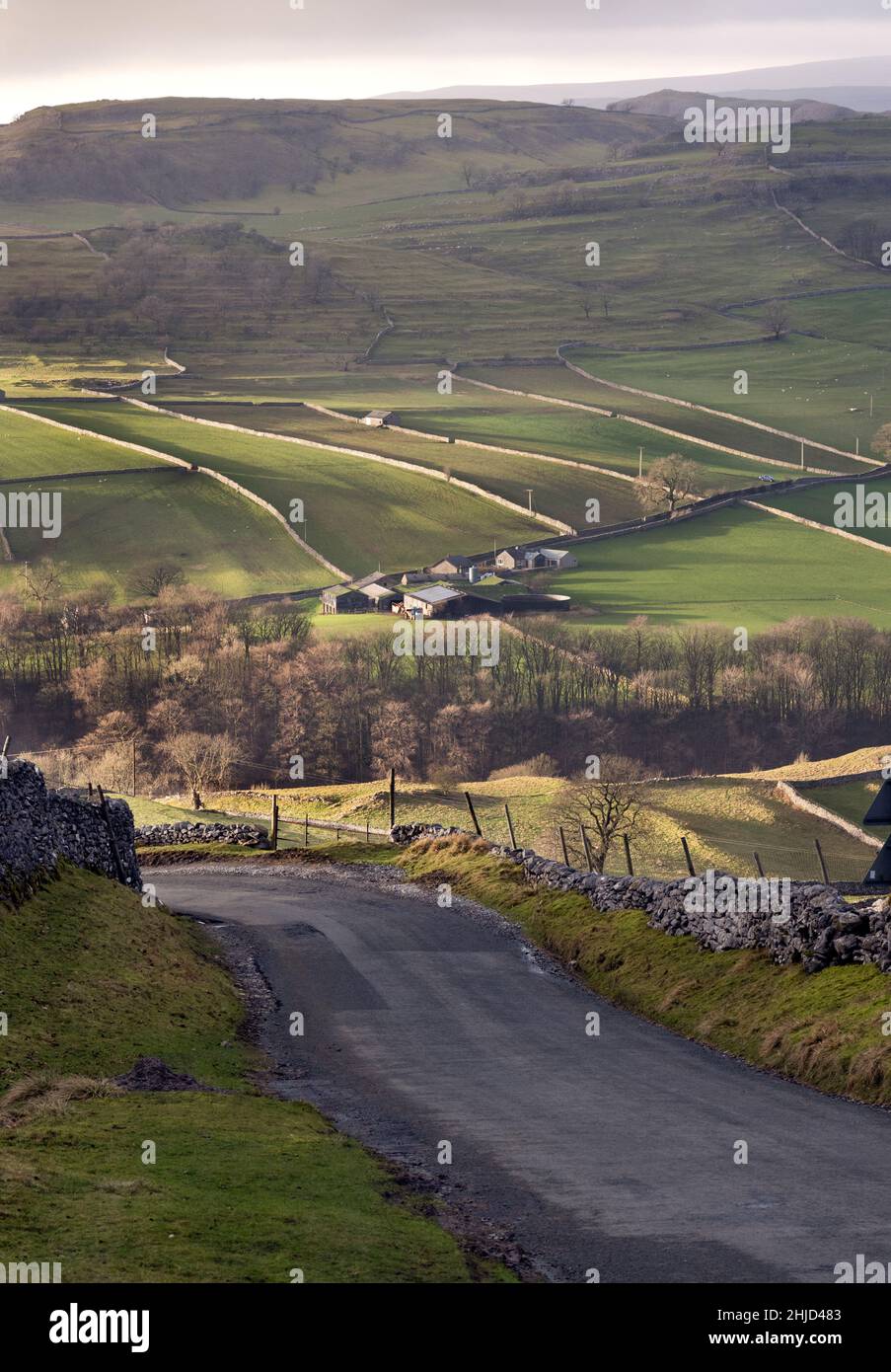 Looking across Ribblesdale from above Langcliffe, Yorkshire Dales National Park. Stock Photo