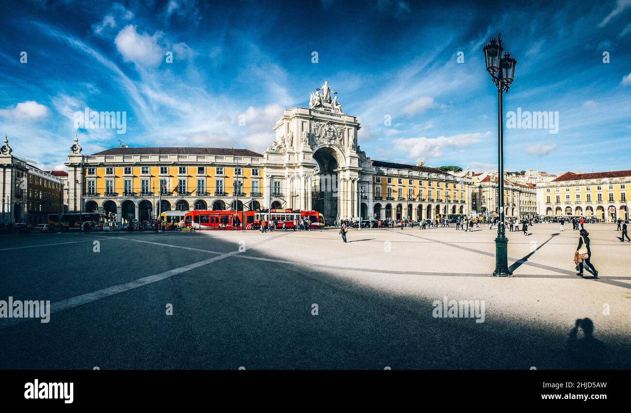 The Rua Augusta Arch is a stone, triumphal arch-like, historical building and visitor attraction in Lisbon, Portugal, on the Praça do Comércio. Stock Photo