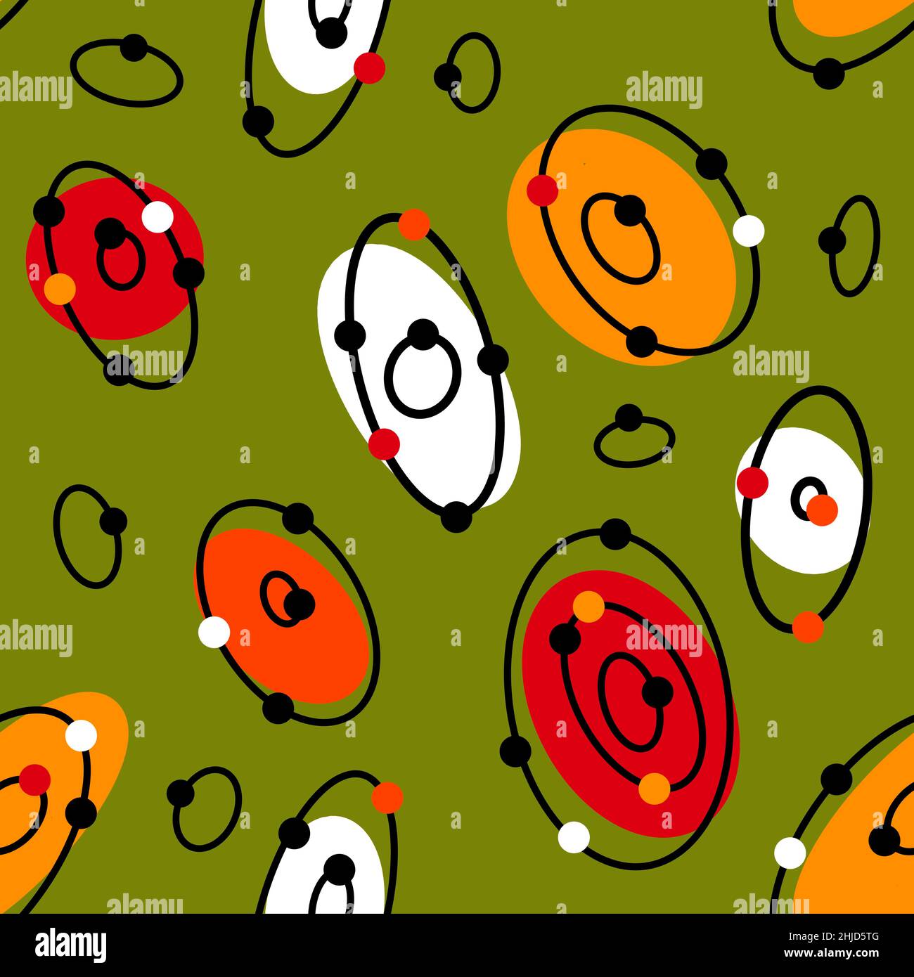 Seamless Hand Drawn Mid Century Modern Pattern In Red Green Orange Colors Retro Vintage 50s 60