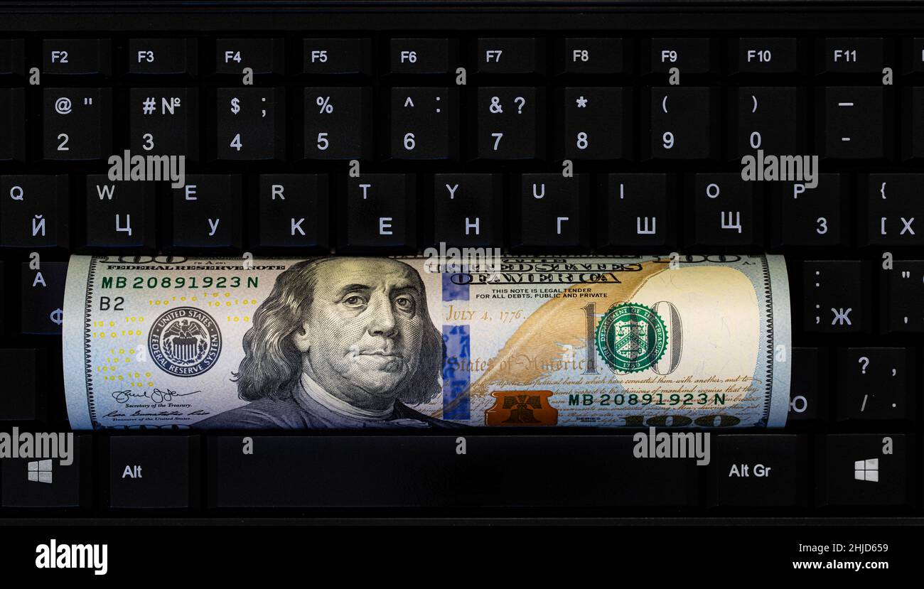 100 dollar banknote on black computer keyboard for design purpose Stock ...