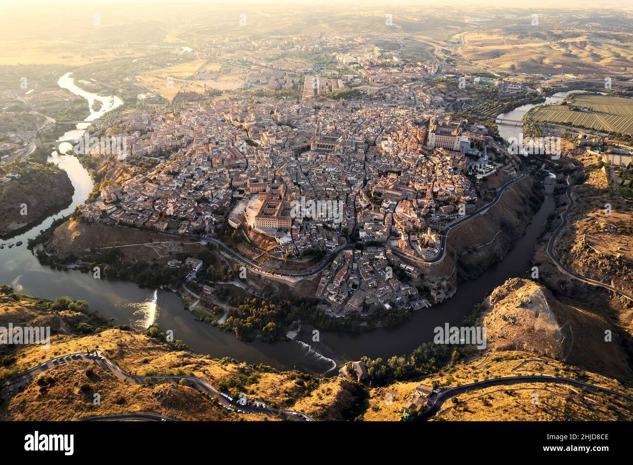 Aerial panoramic drone point of view historical city of Toledo. Castilla–La Mancha, declared World Heritage Site by UNESCO. Travel and tourism, famous Stock Photo