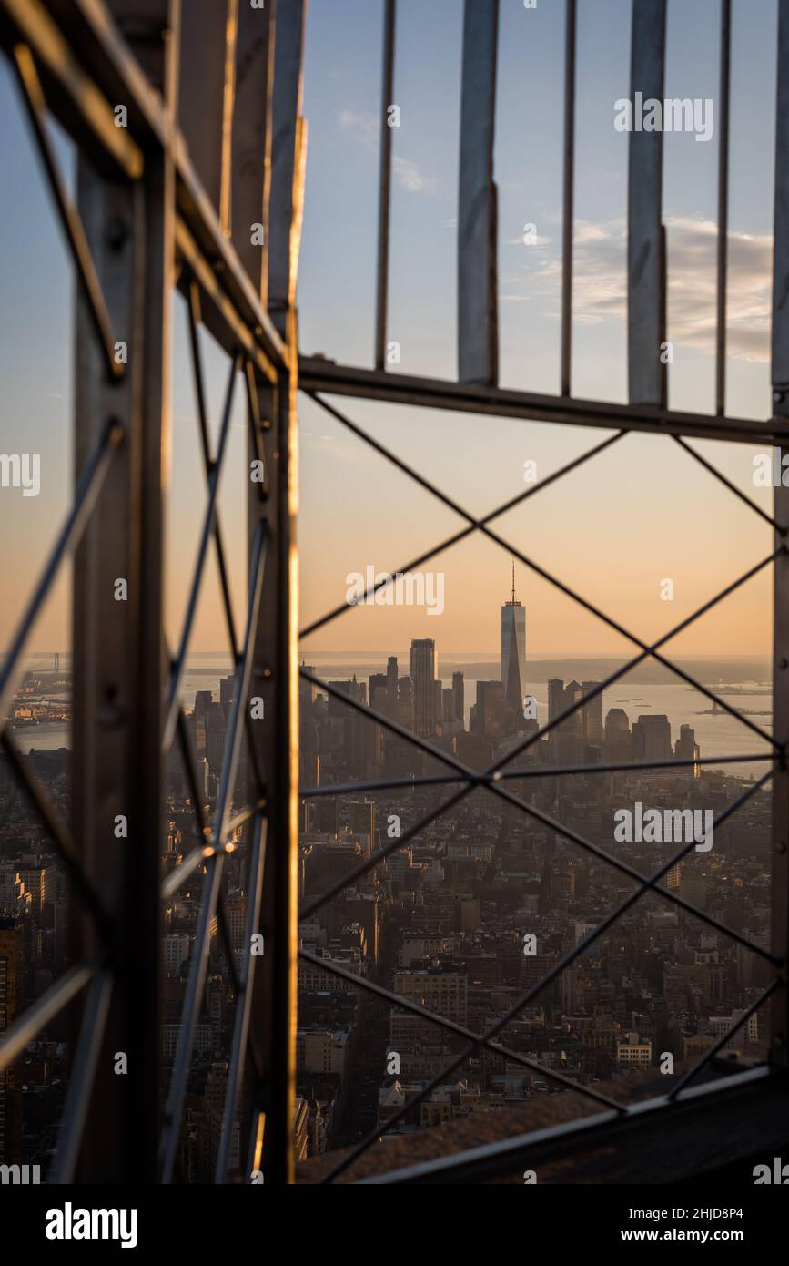 Landscape of New York from the top of the Empire State Building at sunset, NYC Stock Photo