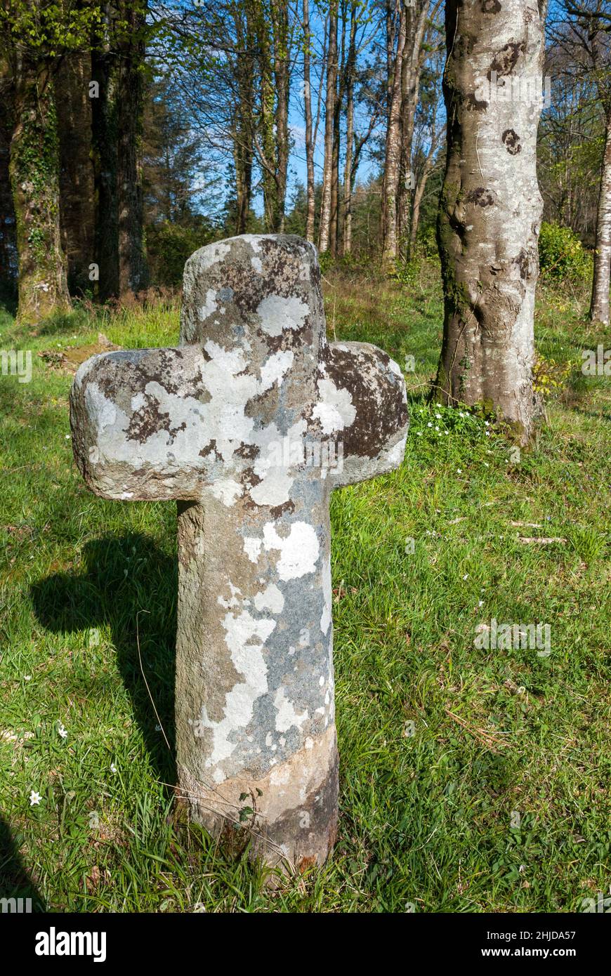 UK, England, Devon. Granite wayfarers cross at Windy Cross, North Wood, Haldon Hills. Watershed of the rivers  Exe & Teign. Stock Photo