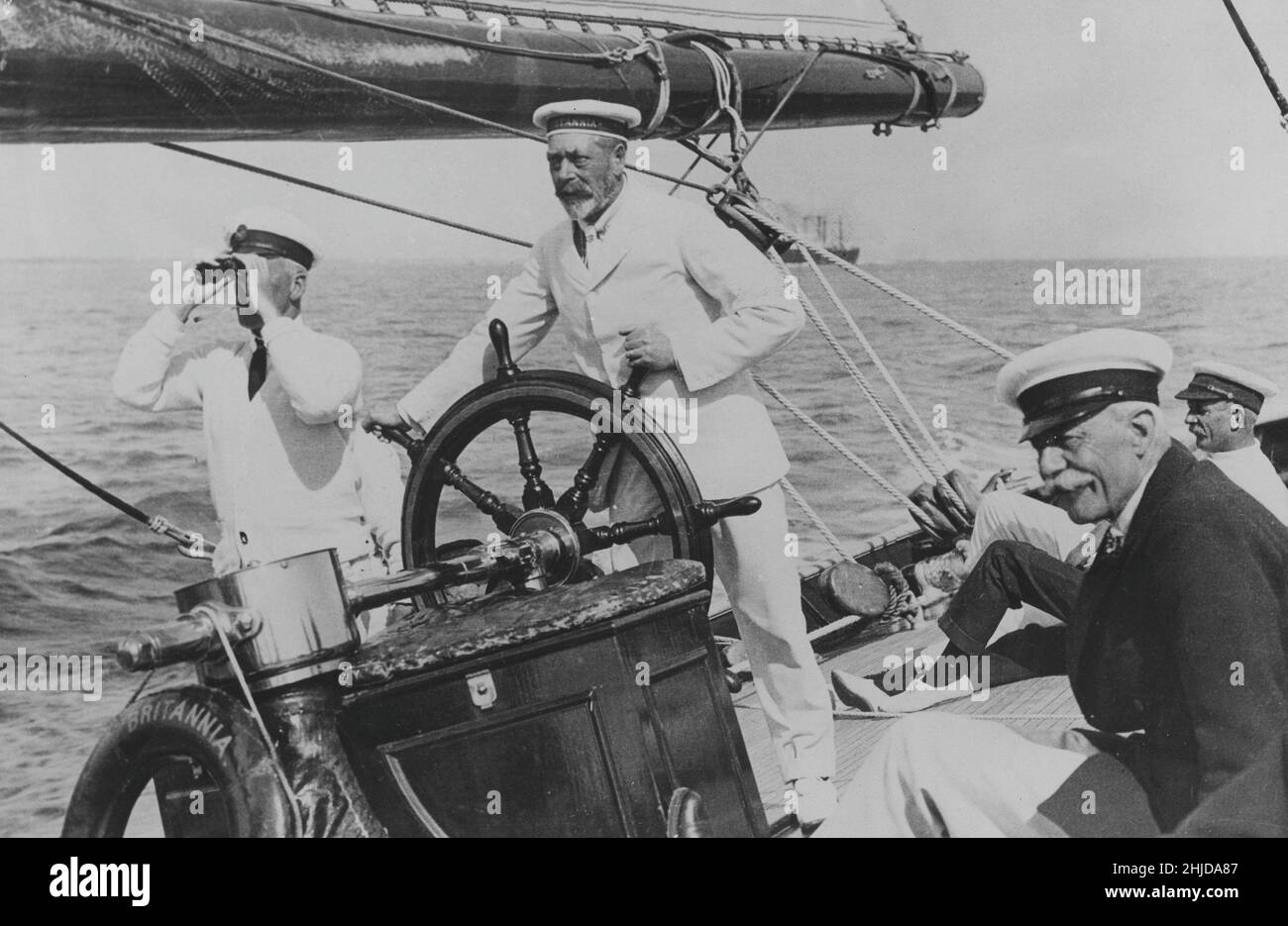 George V. King of the United Kingdom and the British Dominions and Emperor of India, born 3 june 1865 dead 20 january 1936. Pictured on his sailingboat Britannia during the Cowes regatta week 1924. Stock Photo