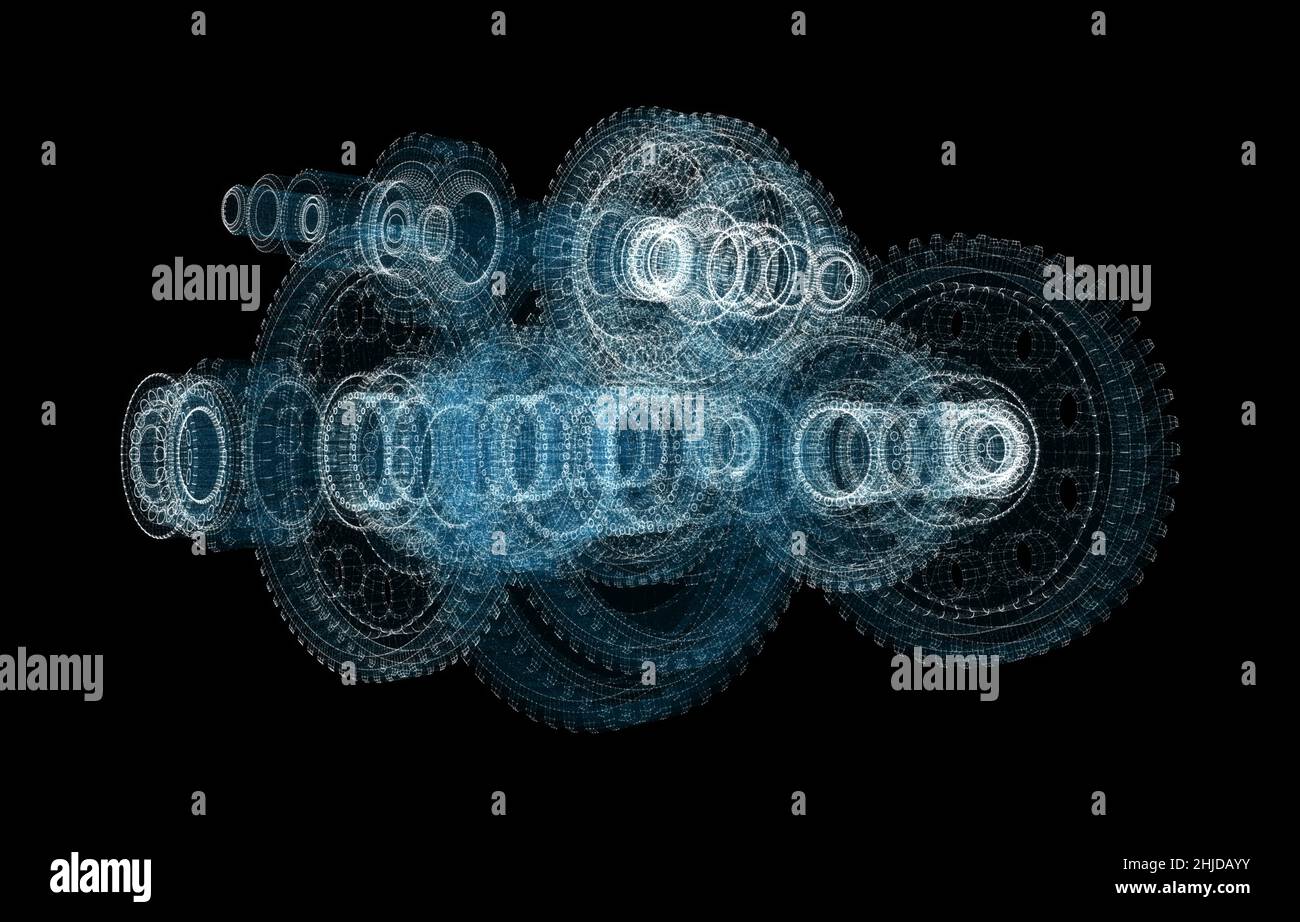 Digital Gearbox Hologram. Industrial and Technology Concept Stock Photo
