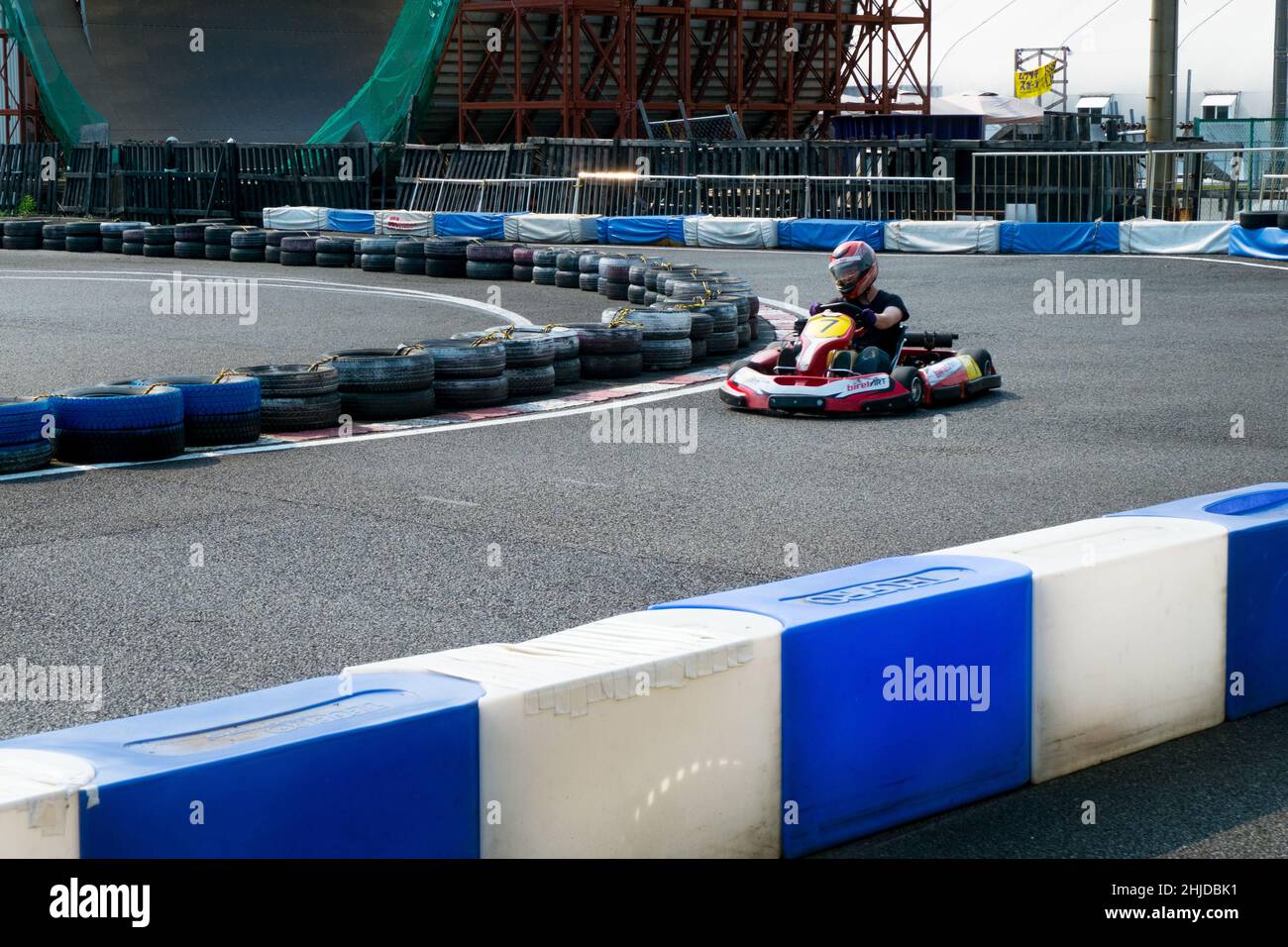 Rental go cart in a corner of track coming towards camera in Tokyo Stock Photo