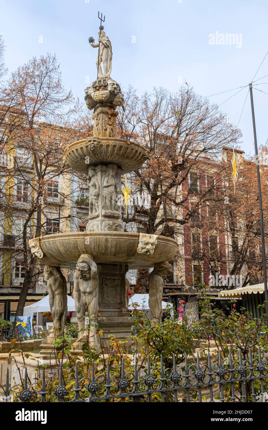 Close-up of the fountain of the giants in the central Plaza Bib Rambla in the city of Granada. Andalusia. Spain. Stock Photo