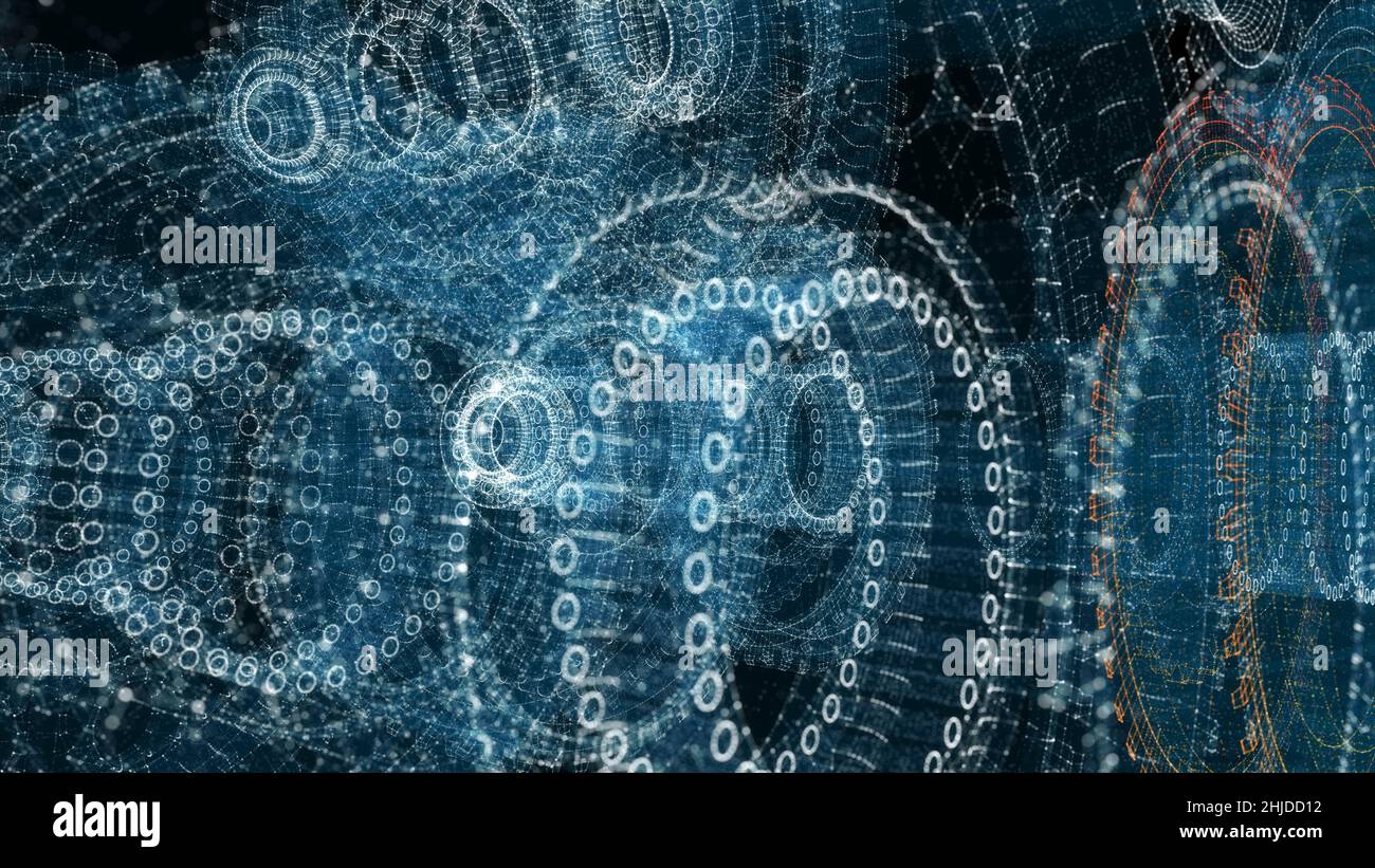 Digital Gearbox Hologram. Industrial and Technology Concept Stock Photo