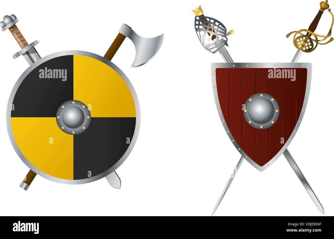 Viking sword, ax and shield, renaissance shield and two rapier, vector illustration Stock Vector