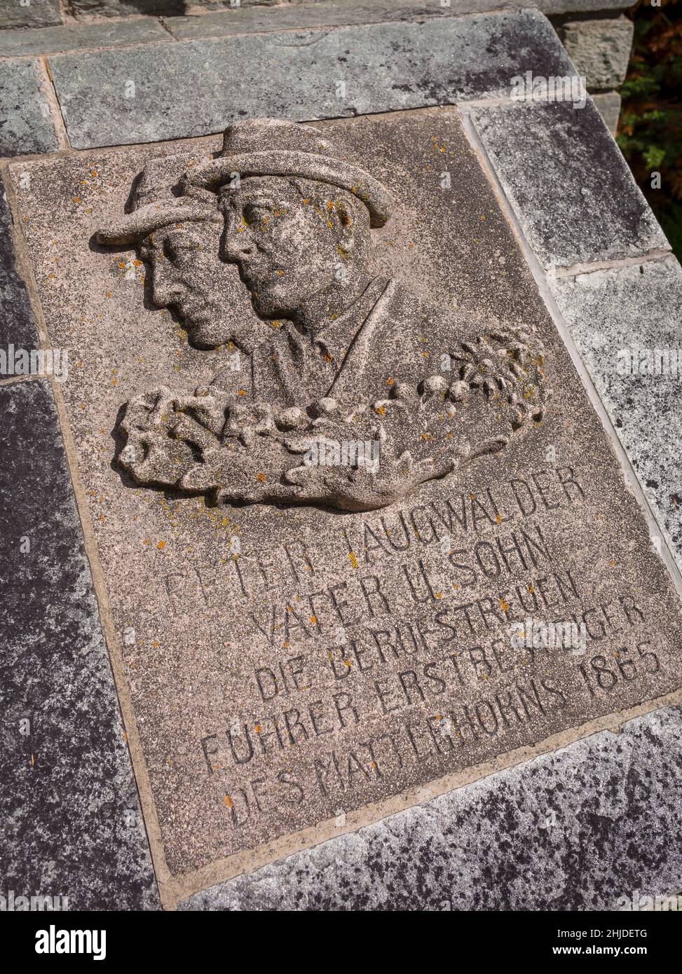 ZERMATT, SWITZERLAND - Memorial for father and son climbers Peter and Peter Taugwalder, Mountaineers' Cemetery, mountain climbers graveyard. Stock Photo