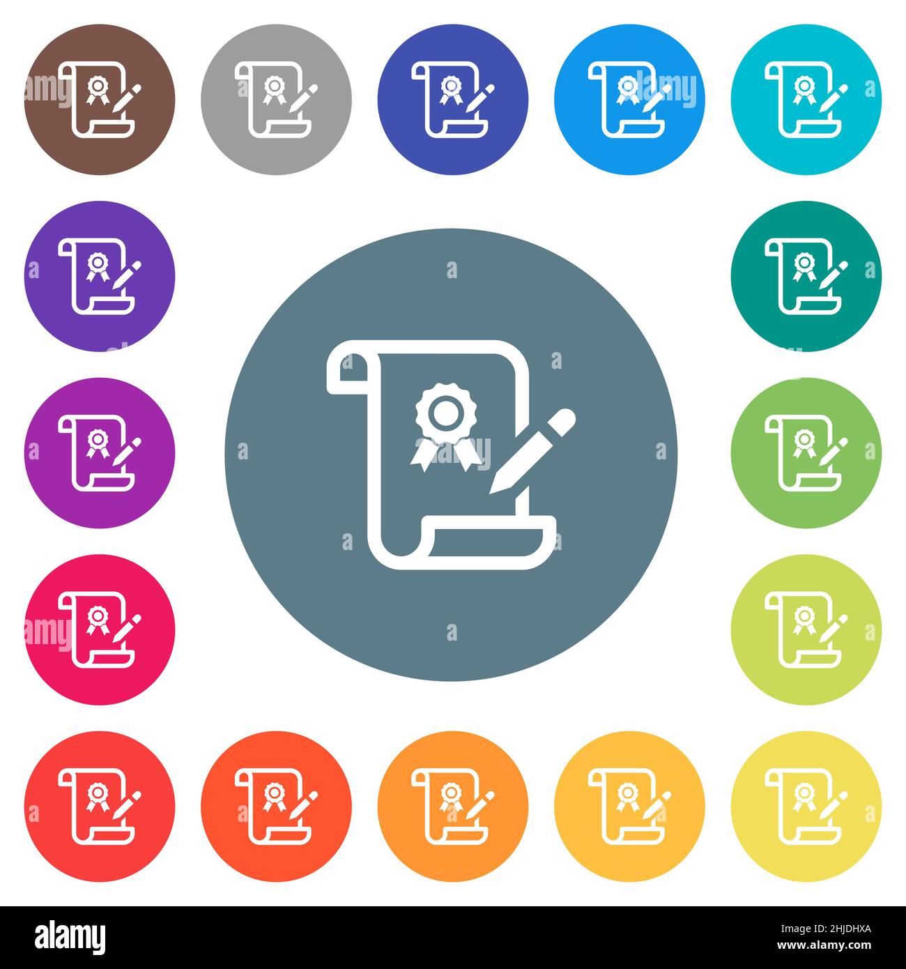Signing certificate flat white icons on round color backgrounds. 17 ...