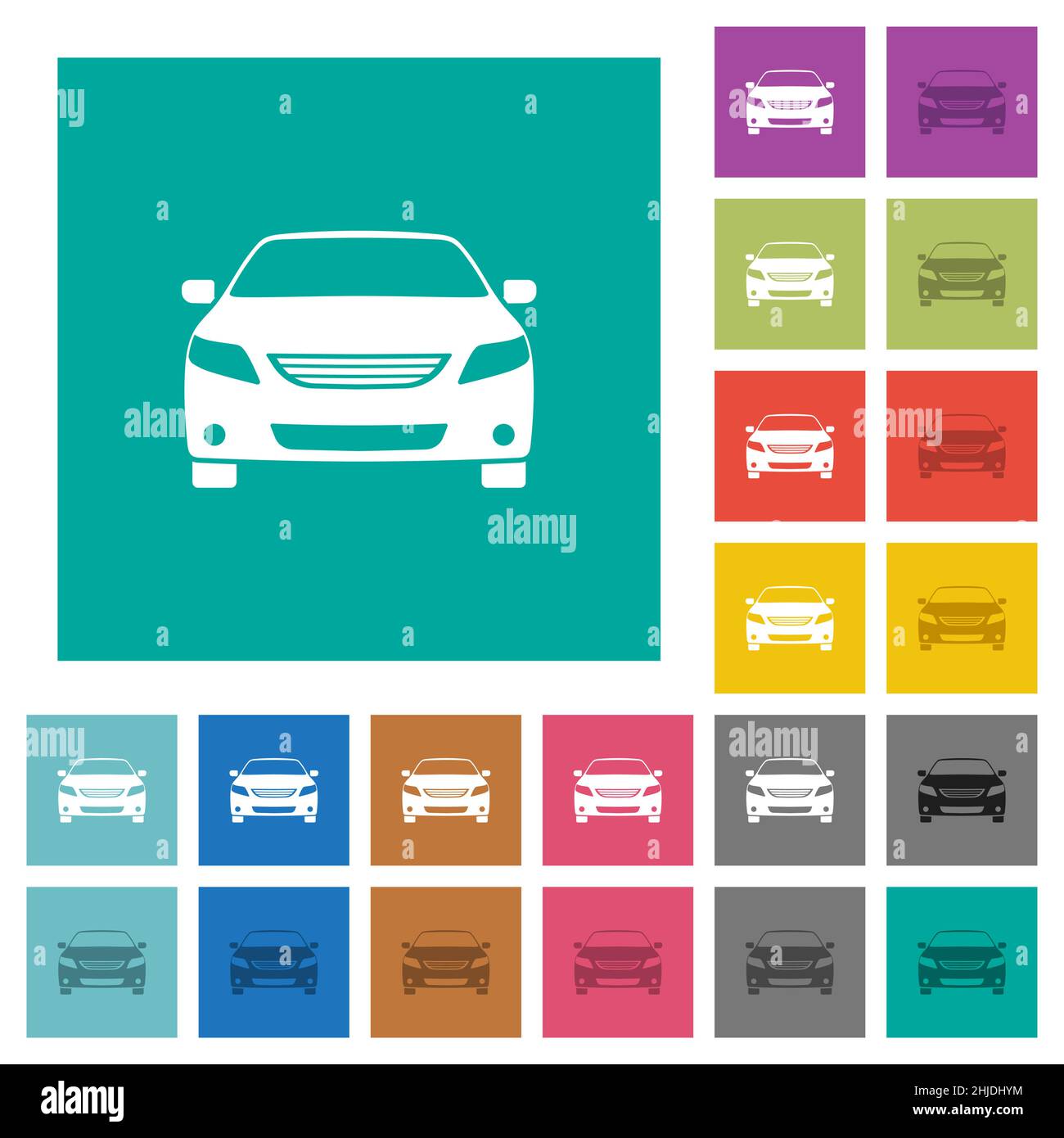 Sport car front view multi colored flat icons on plain square ...