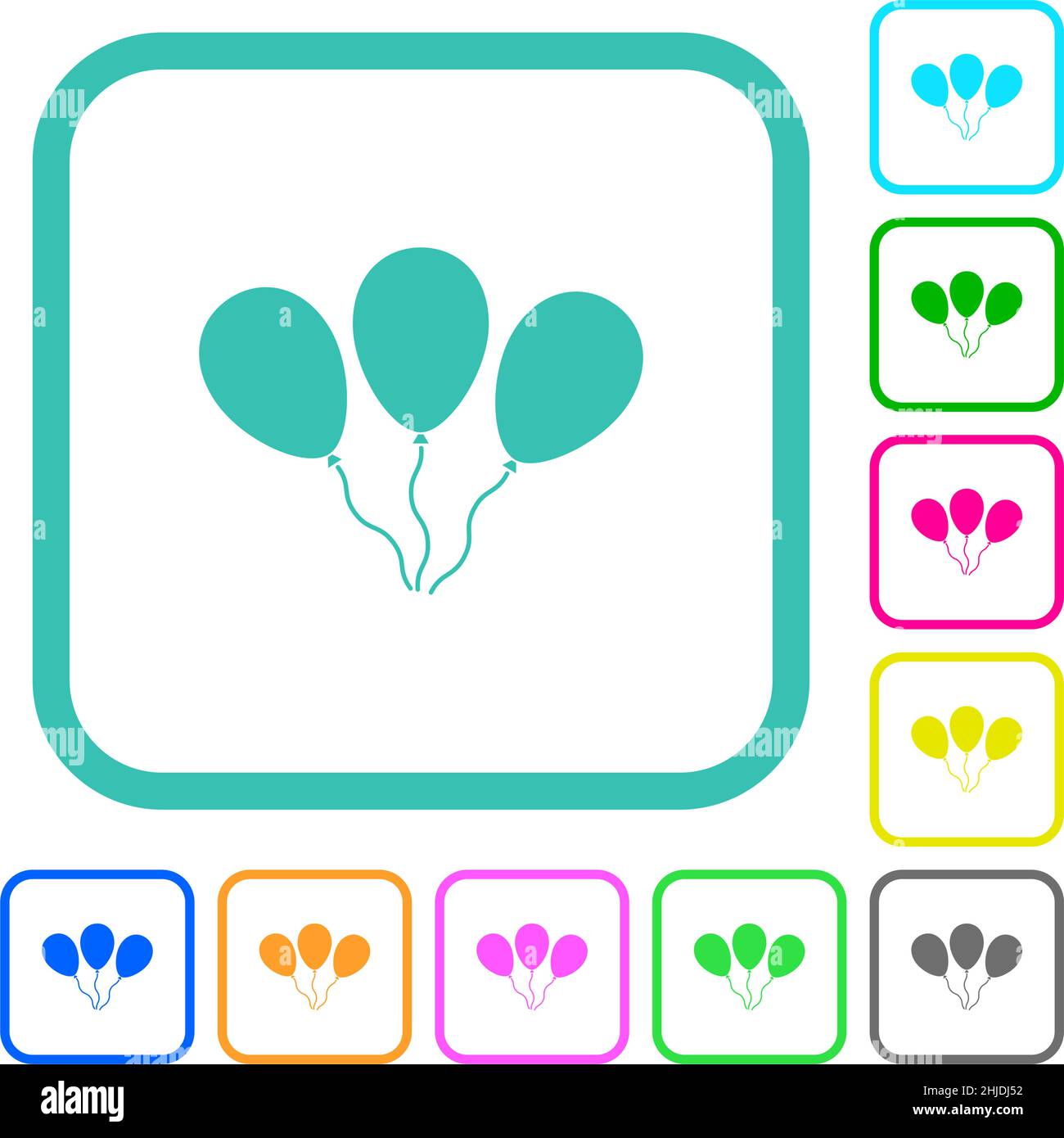 Three balloons vivid colored flat icons in curved borders on white ...