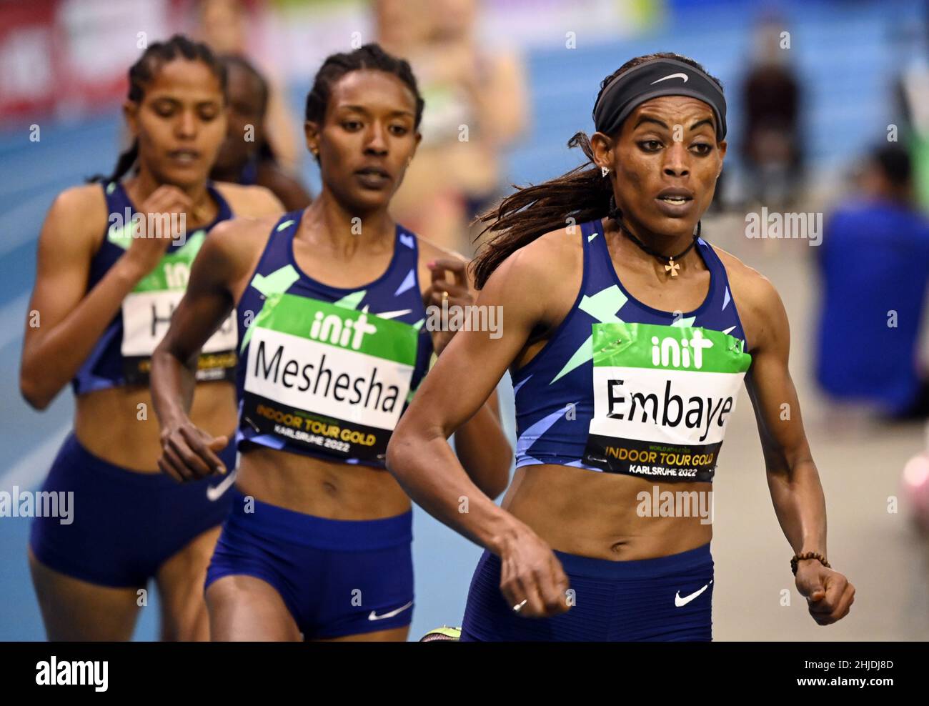 Karlsruhe, Germany. 28th Jan, 2022. Athletics, Indoor Meeting. Axumawit Embaye (r-l), Hirut Meshesha and Freweyni Hailu of Ethiopia run in the women's 1500m. Credit: Uli Deck/dpa/Alamy Live News Stock Photo